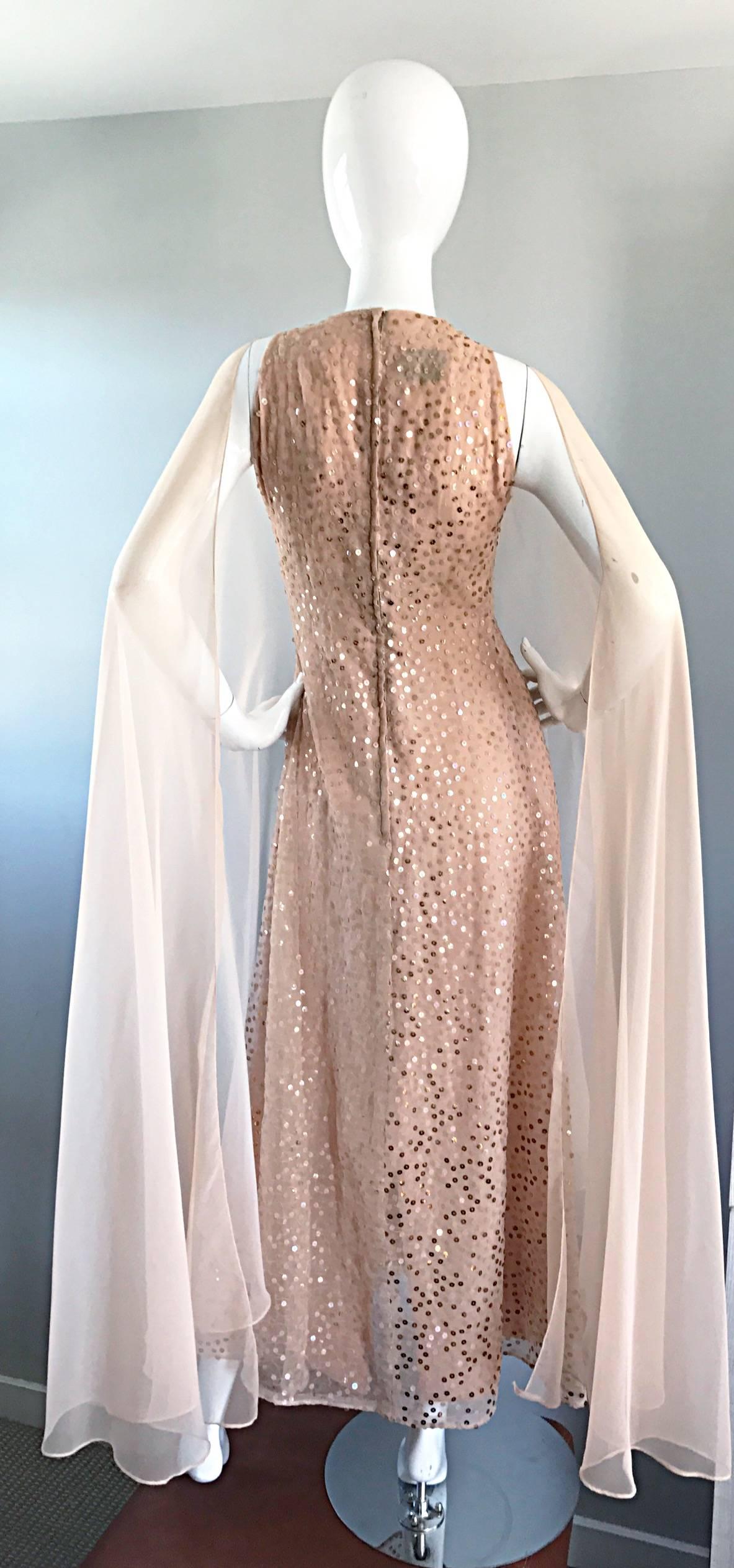 Pat Sandler Vintage 1960s Nude Silk Chiffon Sequined 60s Gown w/ Attached Cape In Excellent Condition In San Diego, CA