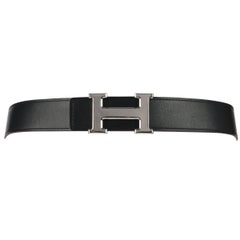 HERMES Black Cognac Epsom Leather Silver Palladium H Buckle Reversible Belt 95