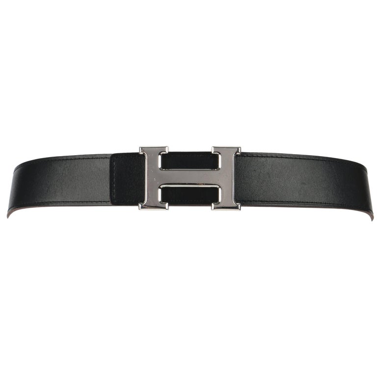 Hermès Black/Blue Leather Reversible Silver Hammered Finished H Buckle Belt  90cm Hermes