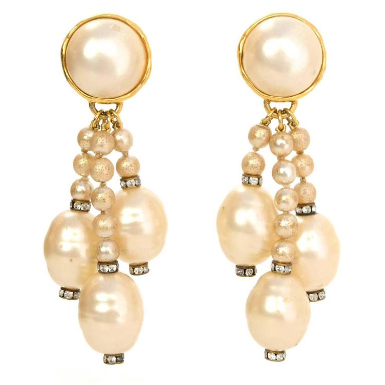 CHANEL Faux Pearl Clip On Earrings W/3 Hanging Strands of Pearls For ...