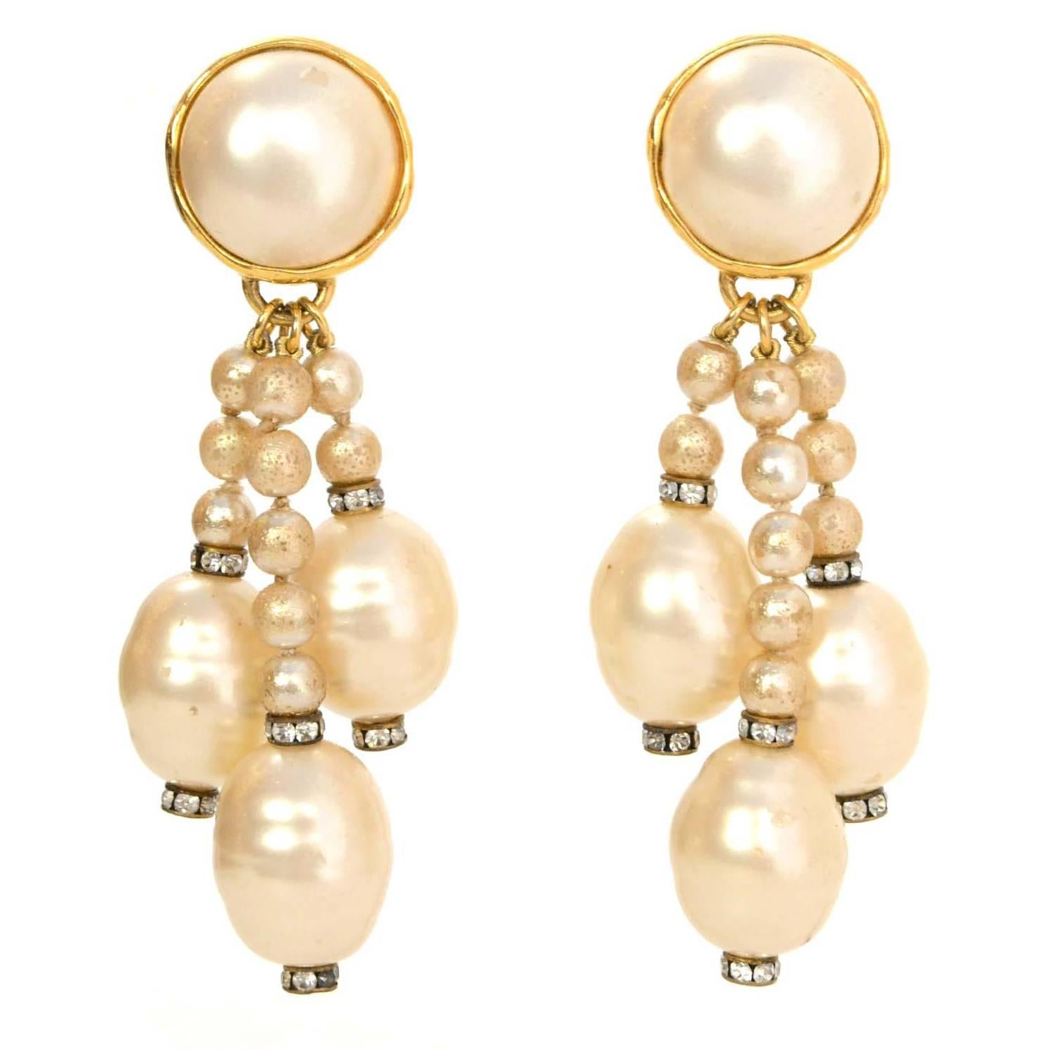 CHANEL Faux Pearl Clip On Earrings W/3 Hanging Strands of Pearls
