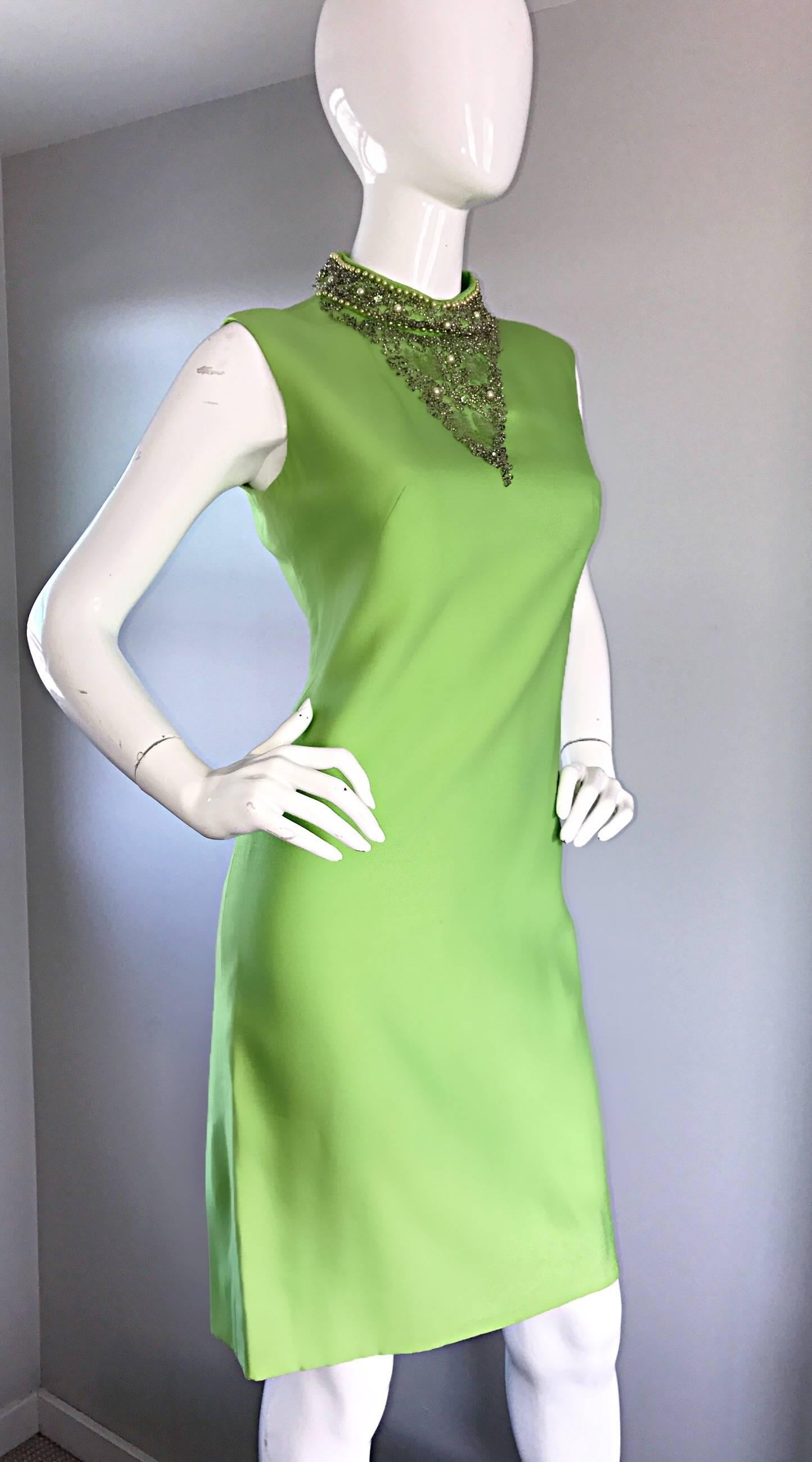 1960s Lime Green Vintage Beaded + Sequined 60s Bright Mod Shift Dress w/ Pearls In Excellent Condition For Sale In San Diego, CA