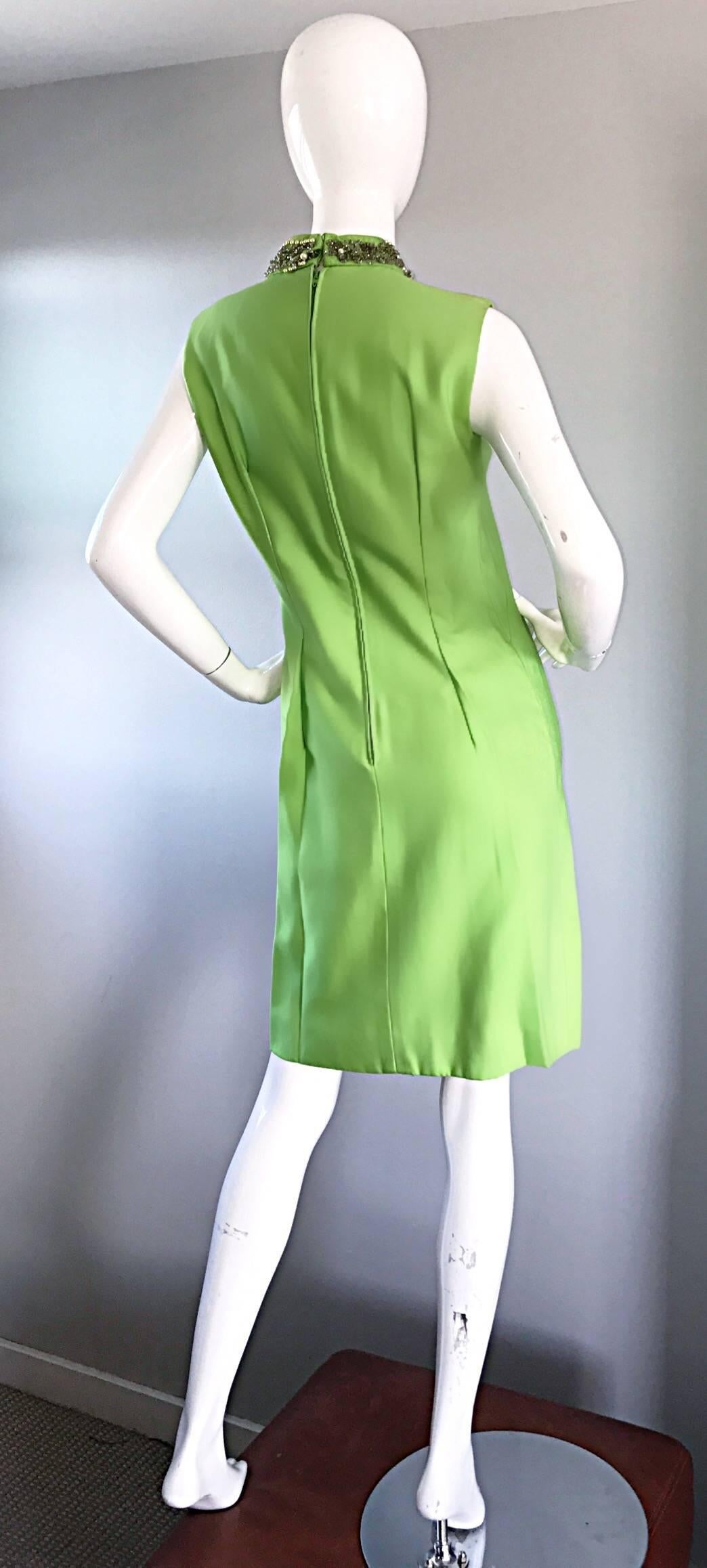 Women's 1960s Lime Green Vintage Beaded + Sequined 60s Bright Mod Shift Dress w/ Pearls For Sale