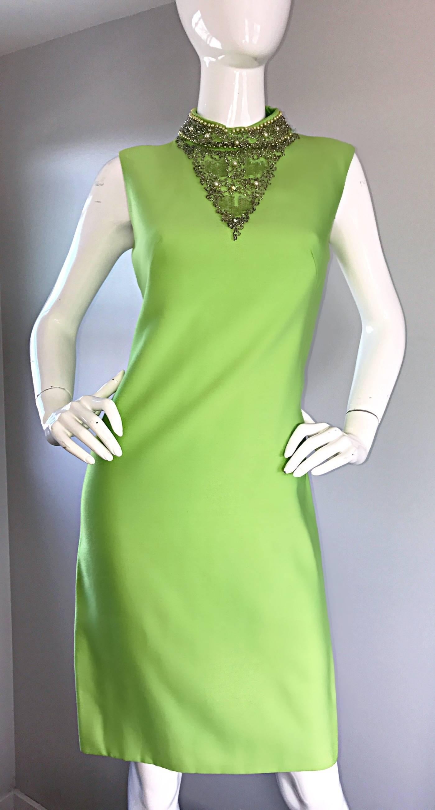 1960s Lime Green Vintage Beaded + Sequined 60s Bright Mod Shift Dress w/ Pearls For Sale 1