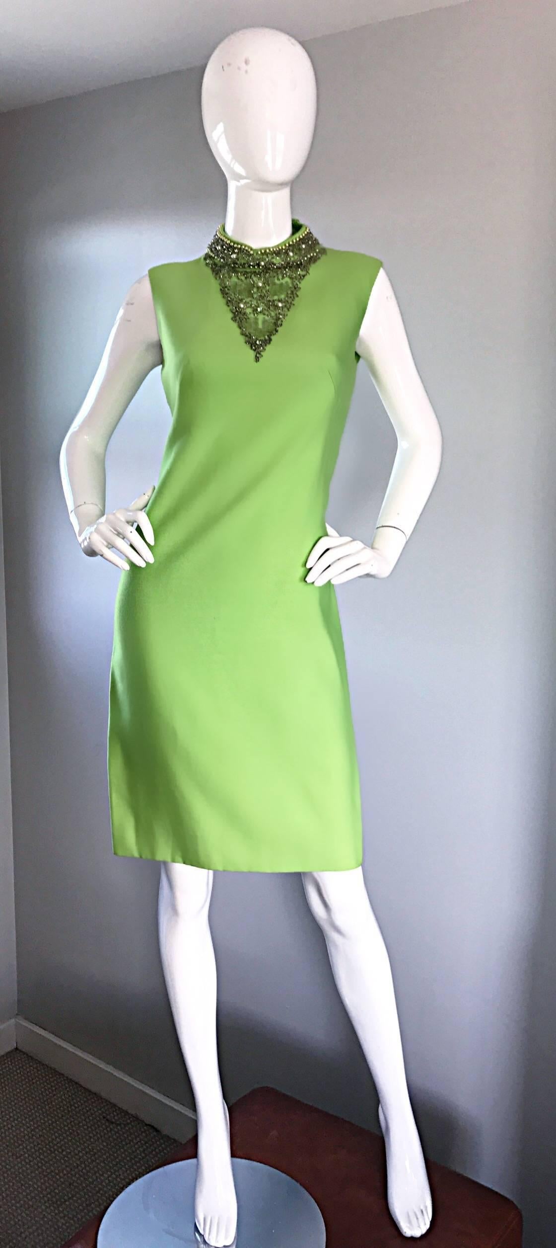 1960s Lime Green Vintage Beaded + Sequined 60s Bright Mod Shift Dress w/ Pearls For Sale 3