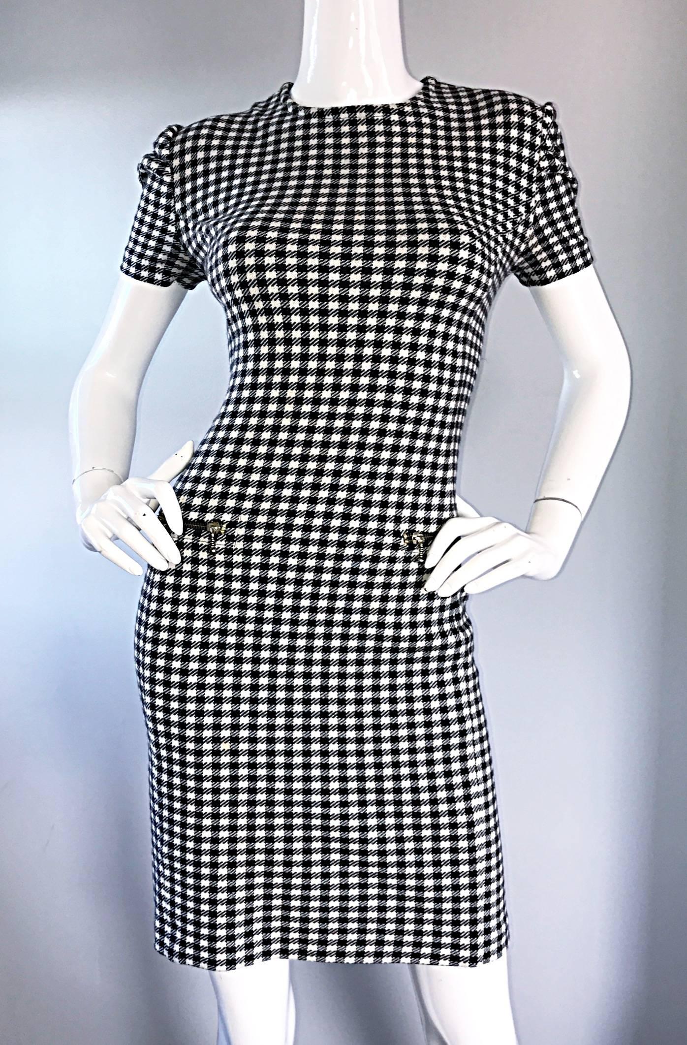 De las mujeres Vestido de algodón vintage sexy a cuadros de los años 90 Bodycon de cuadros blancos y negros de los años 90 en venta