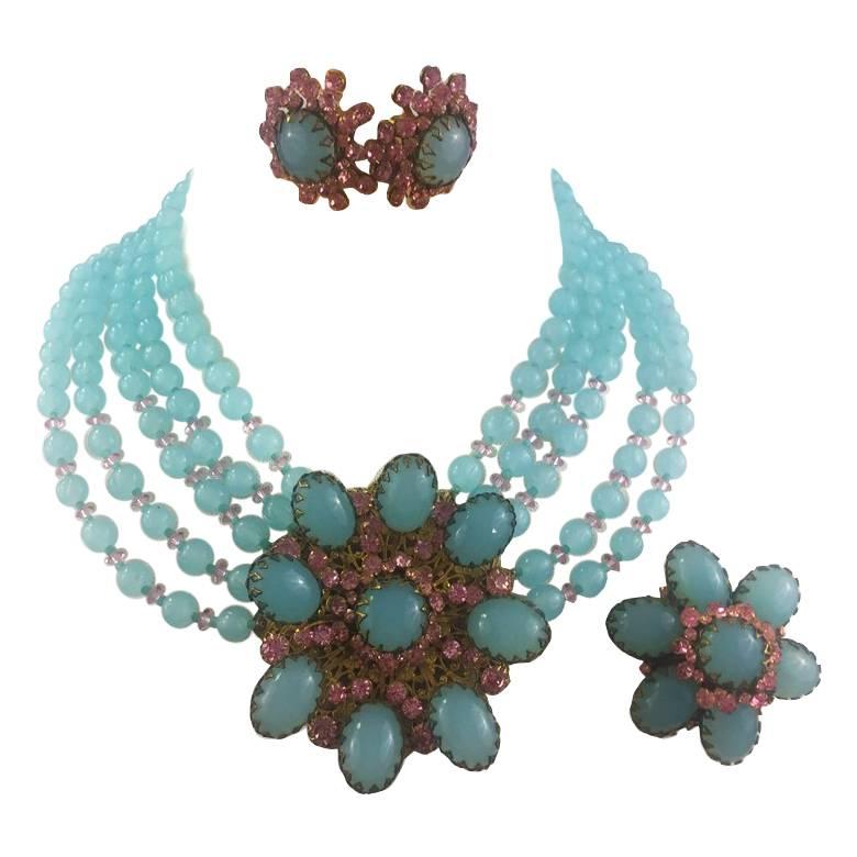1960s Miriam Haskell Signed Aqua and Pink Murano Glass Beads Demi Parure For Sale