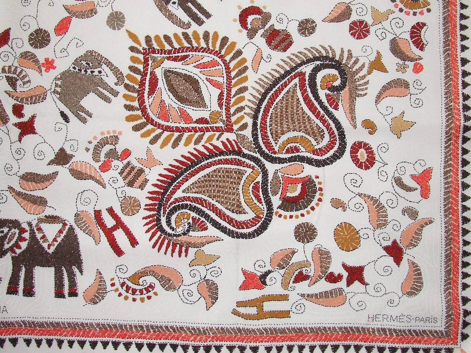 Women's Hermes Silk Scarf Carre Kantha Indian Pattern White 90 cm 