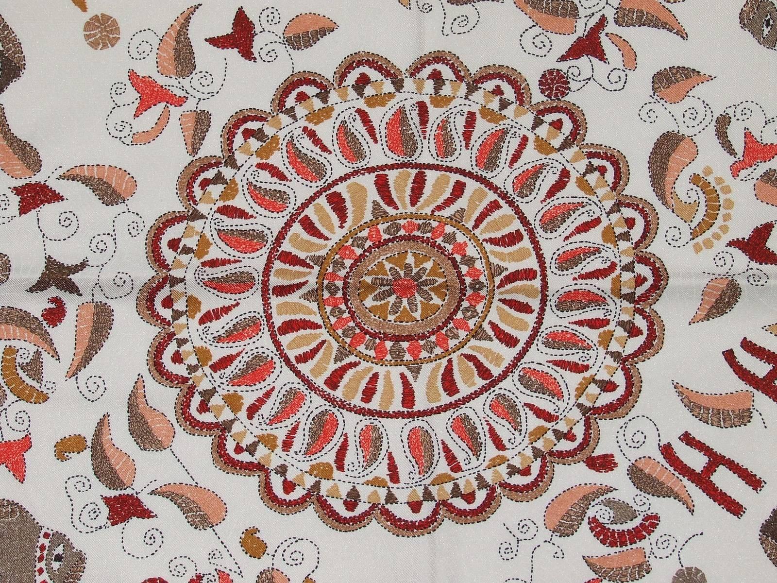 Hermes Silk Scarf Carre Kantha Indian Pattern White 90 cm  1