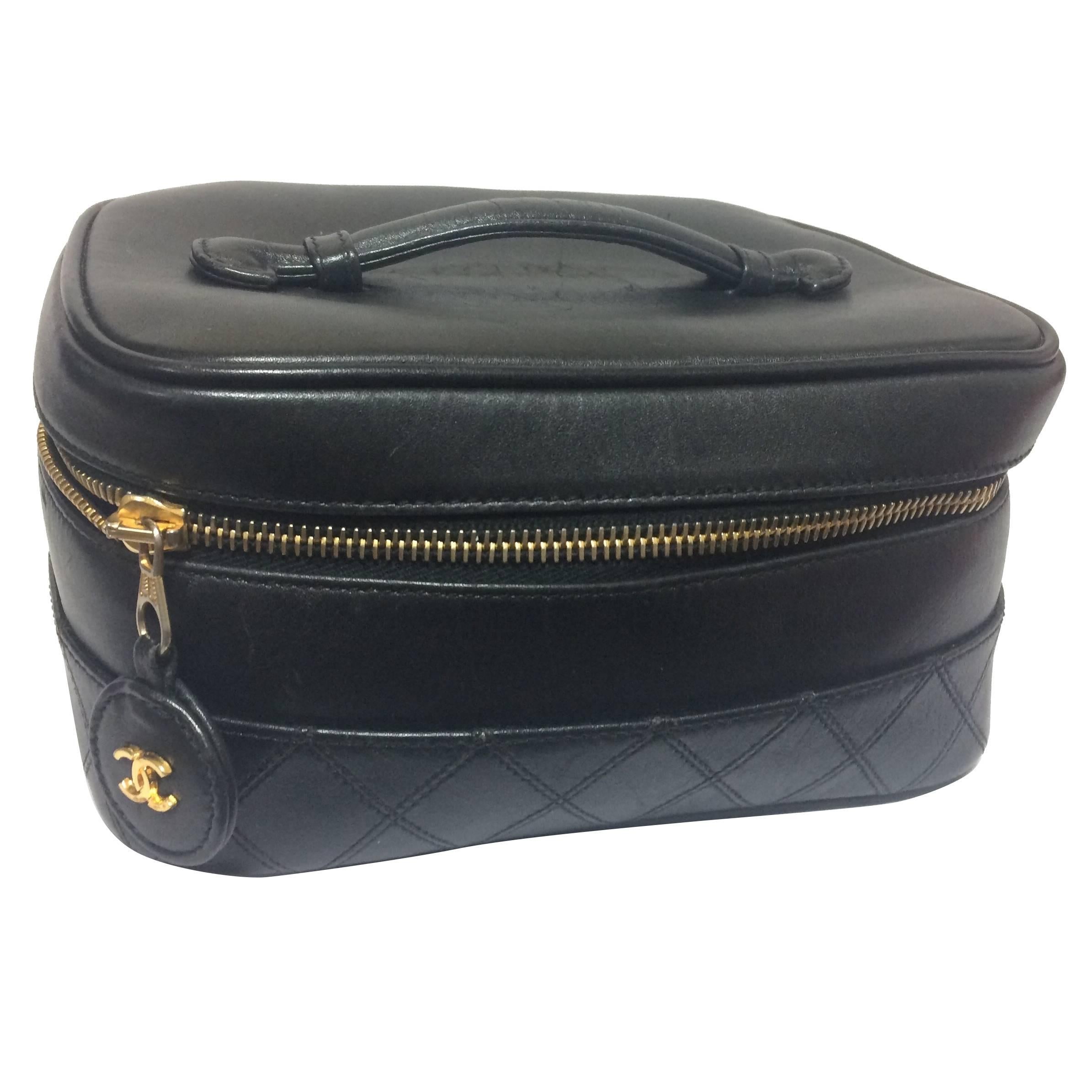 Vintage CHANEL calfskin classic cosmetic and toiletry black pouch, vanity bag.