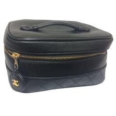 Retro CHANEL calfskin classic cosmetic and toiletry black pouch, vanity bag.