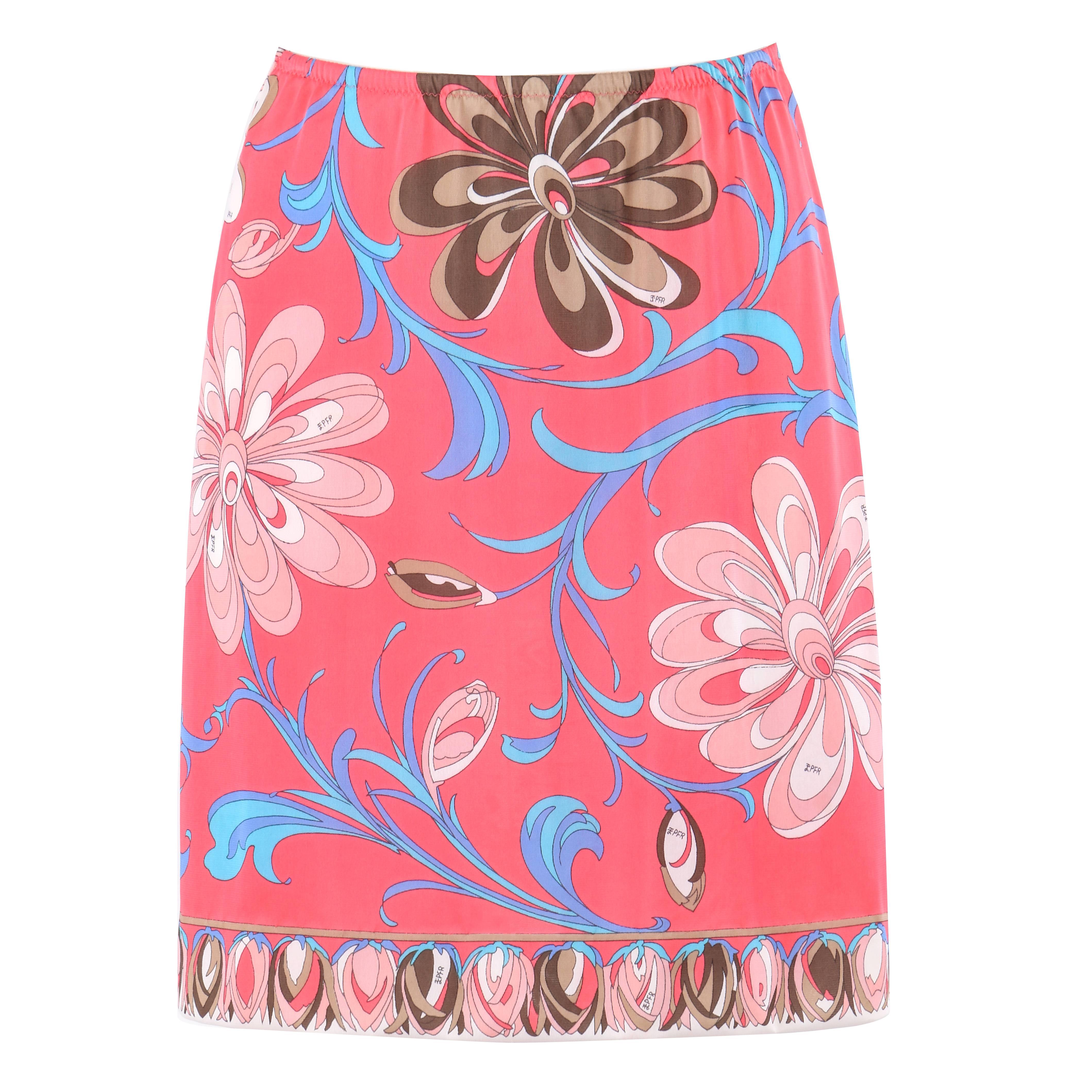 EMILIO PUCCI c.1960's Formfit Rogers Pink Multicolor Floral Print Slip Skirt