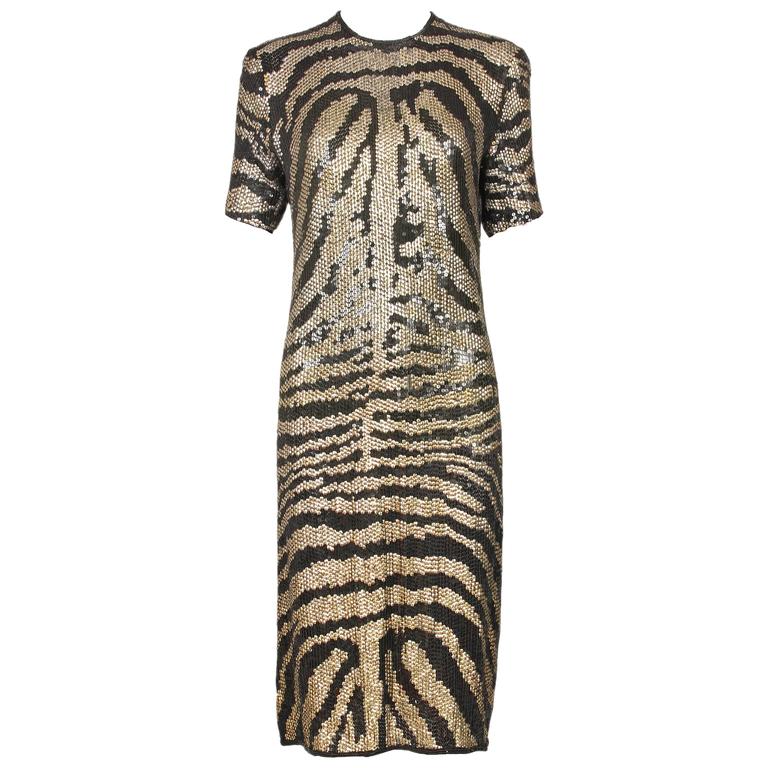 1970's Halston Gold and Black Sequin Tiger or Zebra Print Evening Dress at  1stDibs | sequin tiger dress, tiger sequin dress, zebra print party dresses