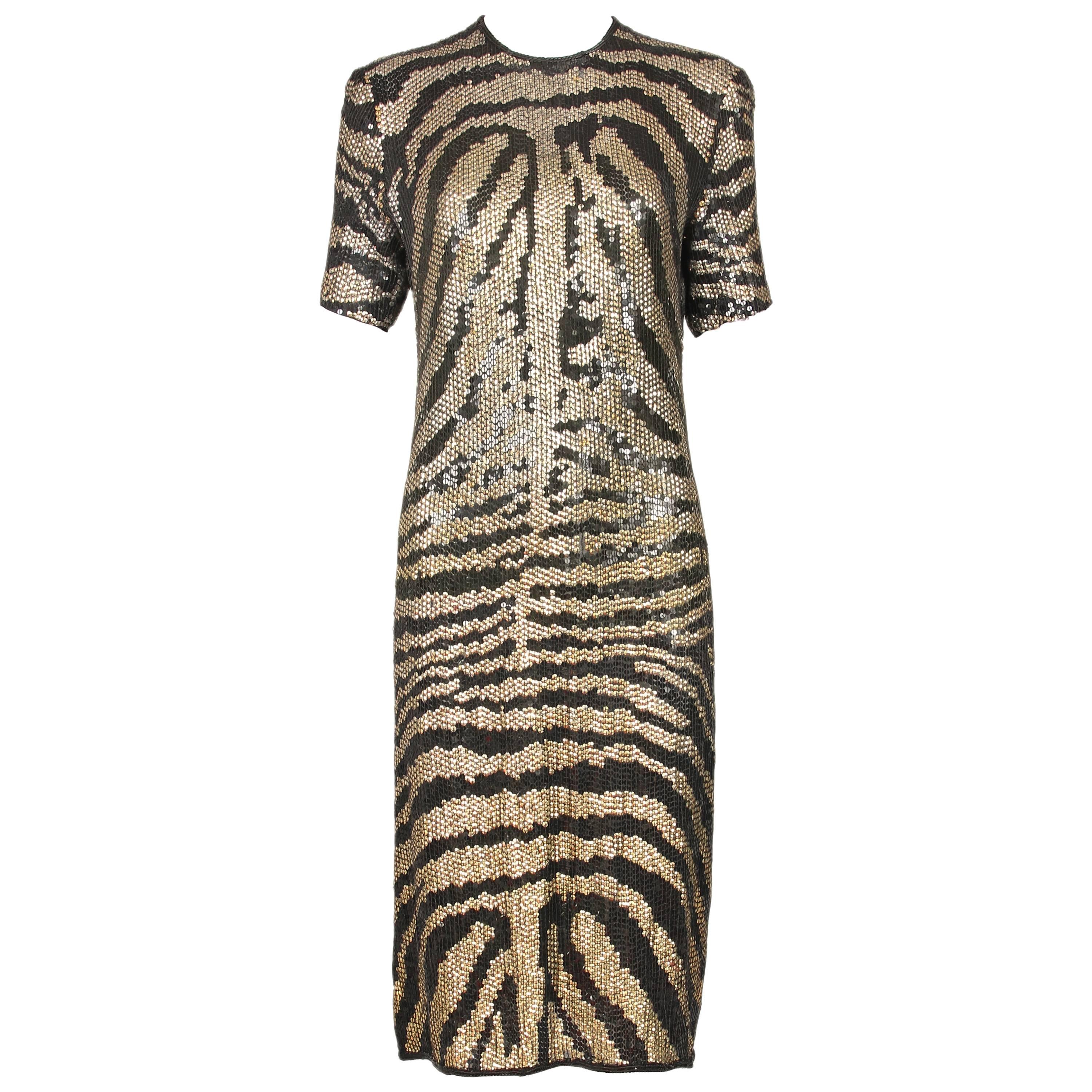1970's Halston Gold & Black Sequin Tiger or Zebra Print Evening Dress