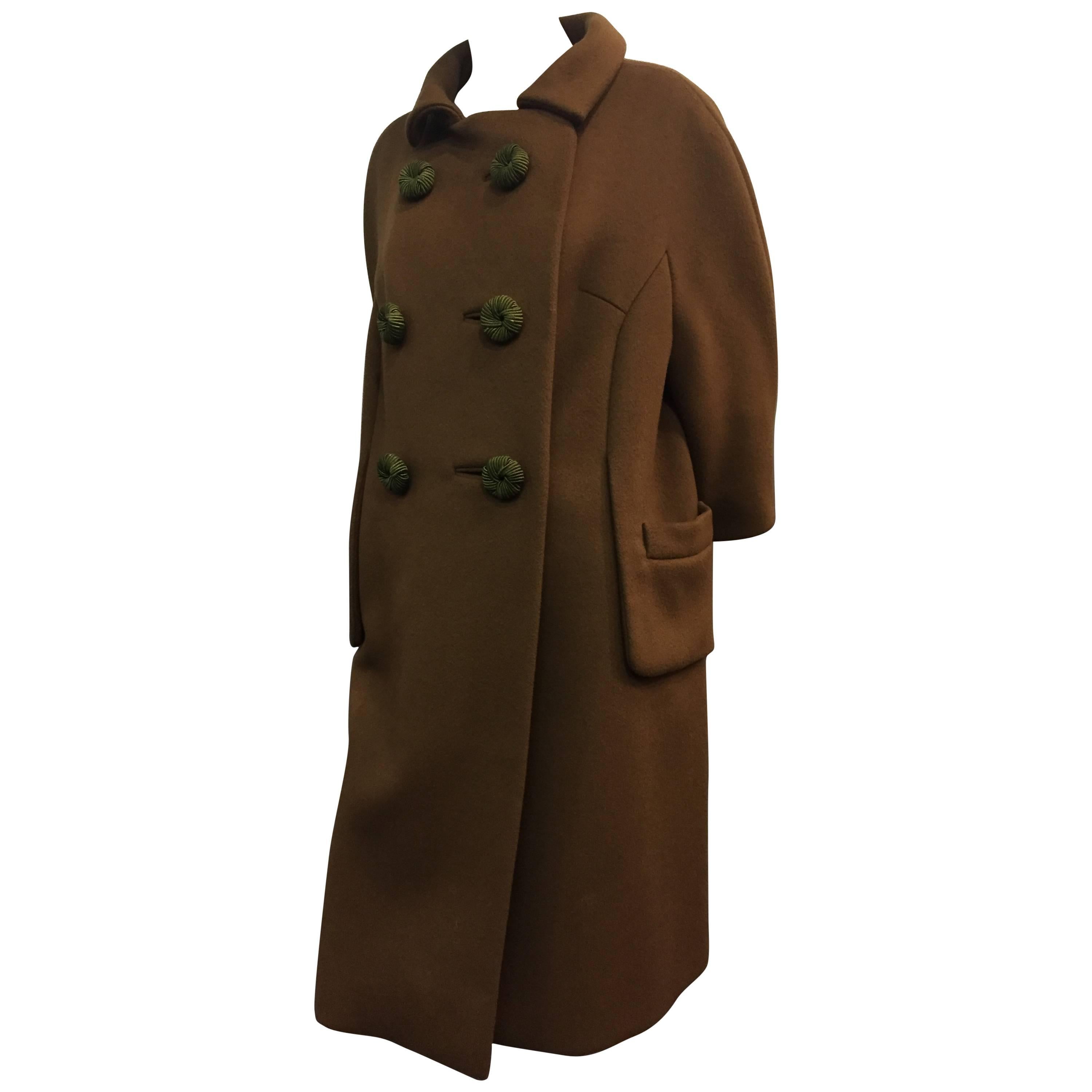 1960's Mod Olive Wool Coat With Braided Buttons