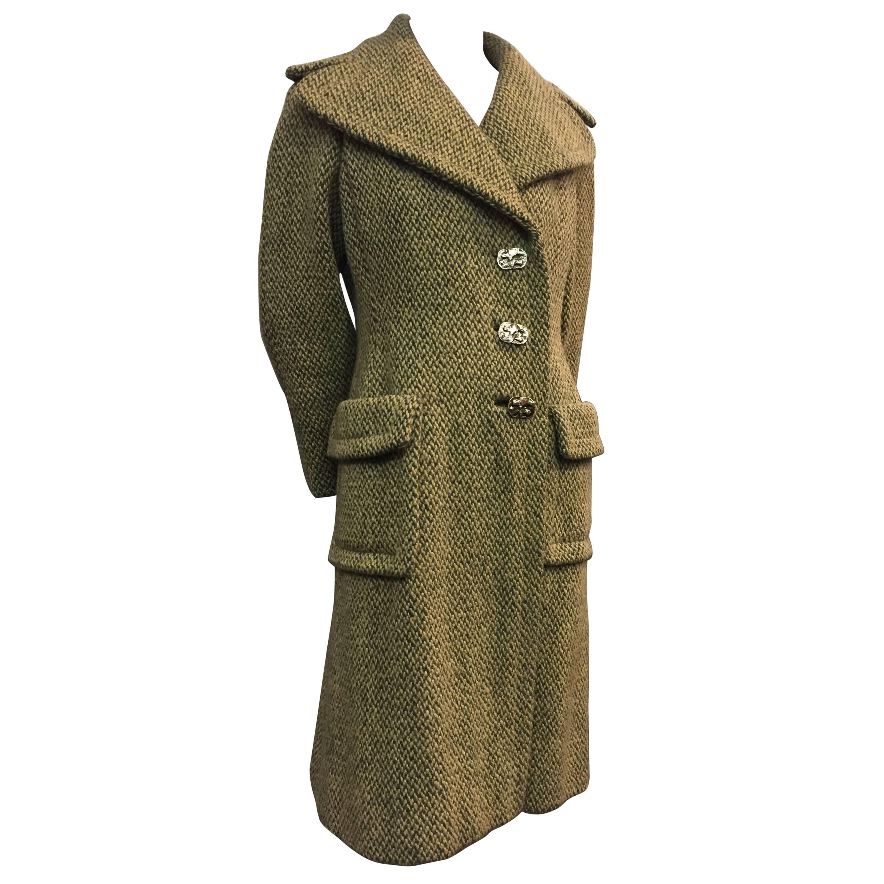 1960's Pauline Trigere Fitted Tweed Coat With Abstract Metal Buttons