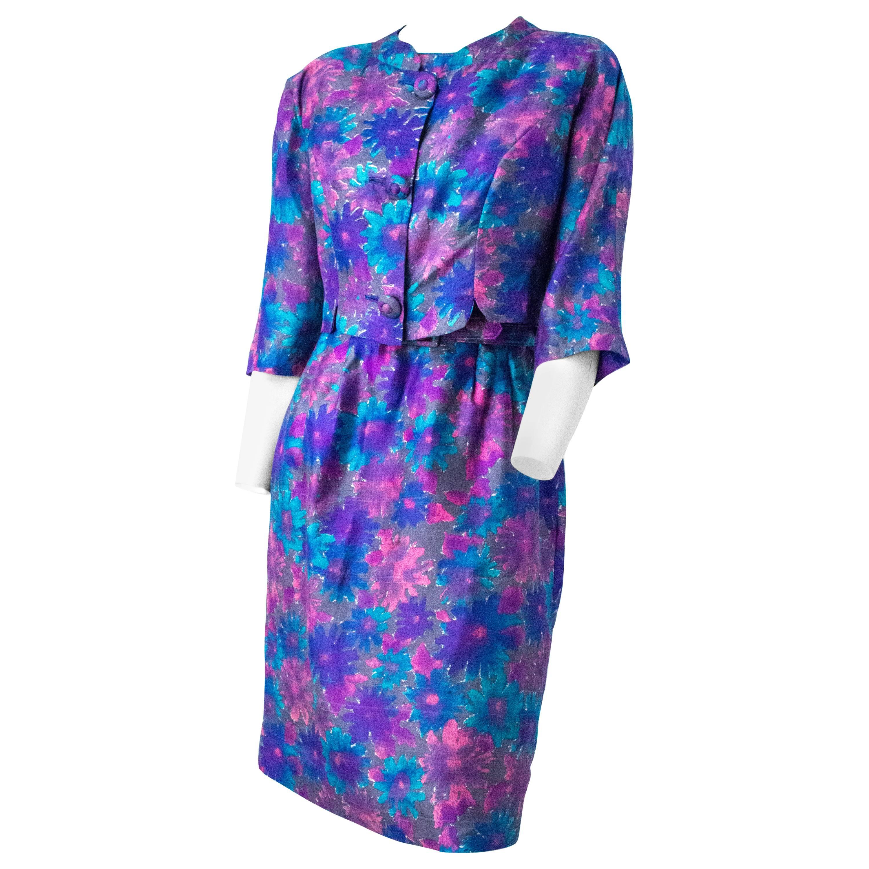 50s Silk Painterly Bolero and Dress Set For Sale