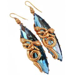 Vintage Faux Aquamarine Snake Dangling Pierced Earrings