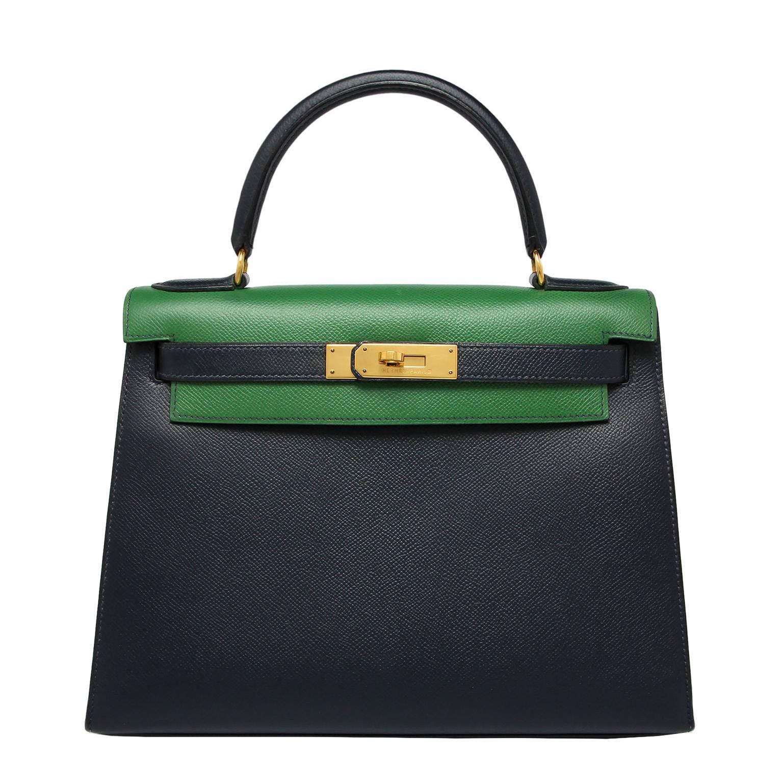 Hermes Kelly 28cm Bi Colour Vert Clair & Blue Indigo Courchevel Gold Hardware