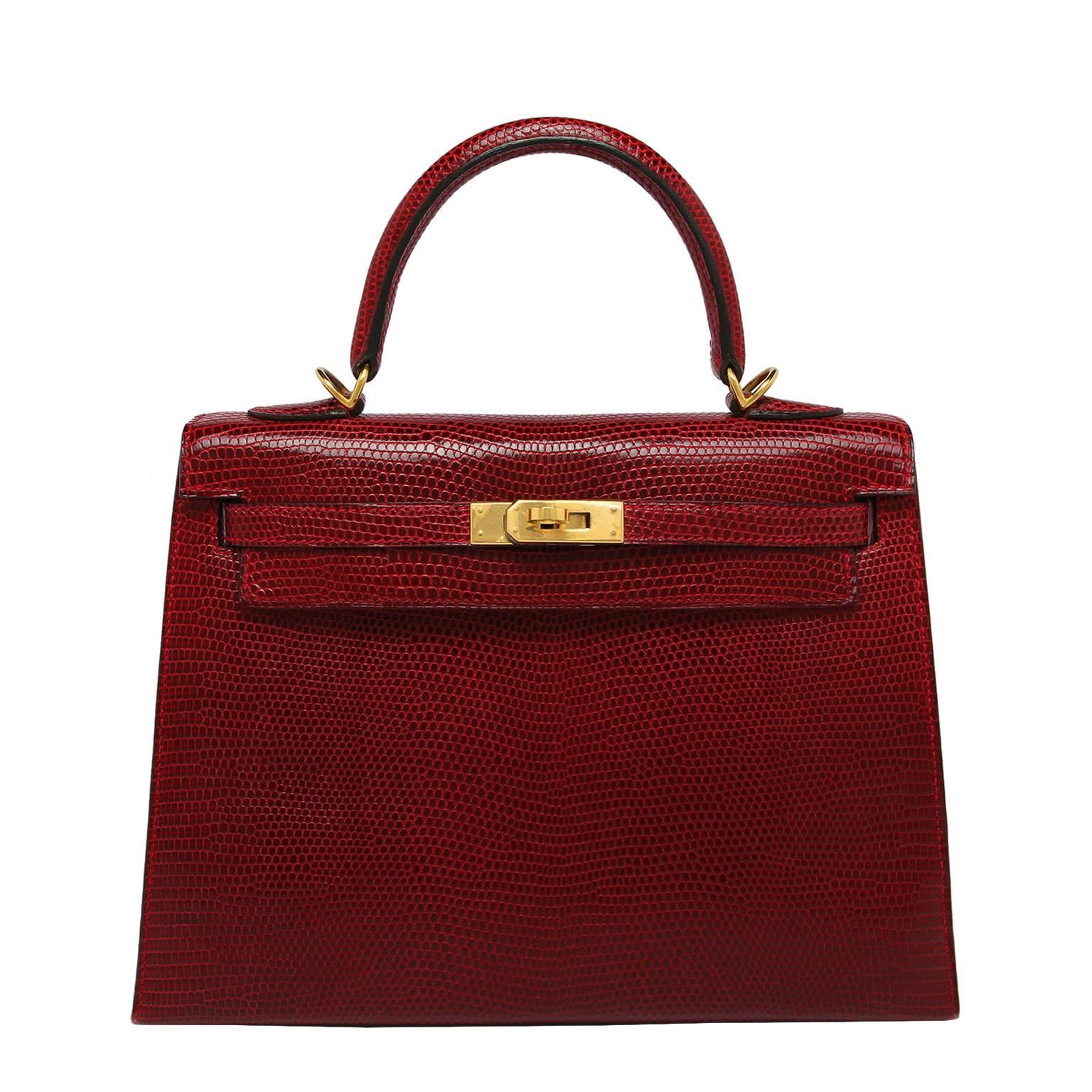 Hermes Kelly 25cm Bag Rouge Lizard Gold Hardware For Sale