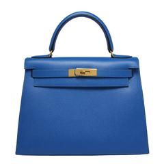 Hermes Kelly 28cm French Blue Courchevel Gold Hardware 