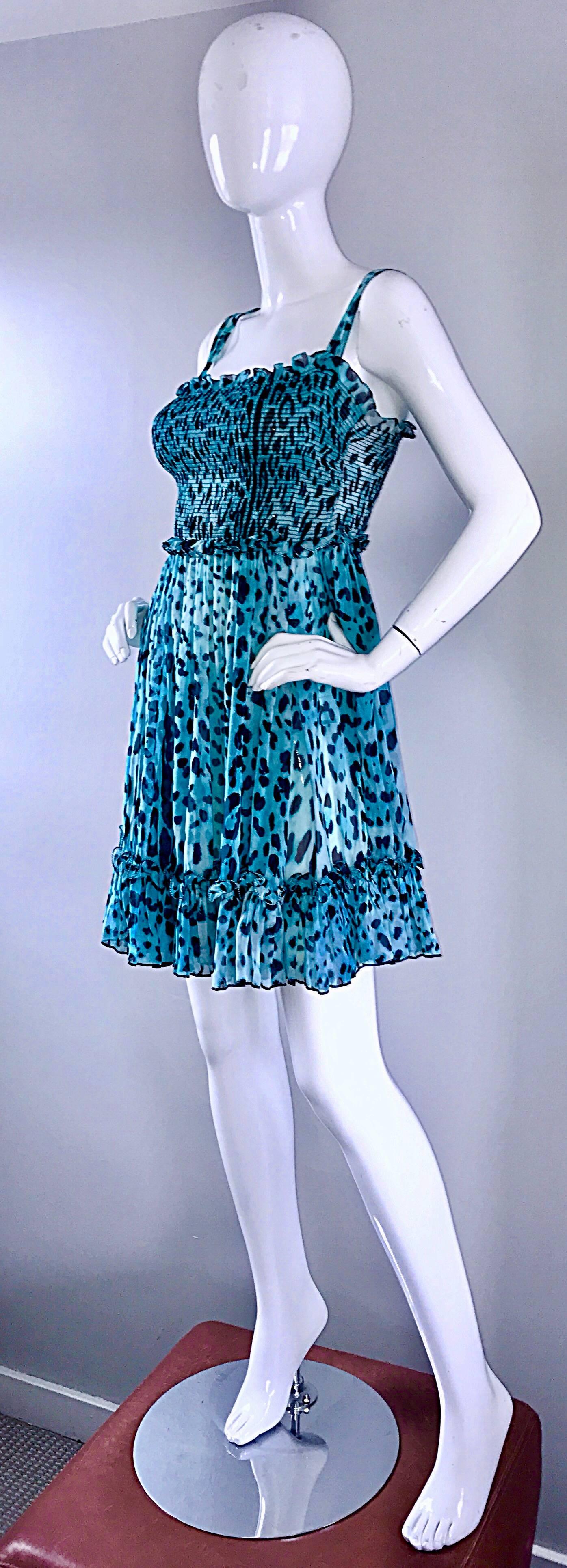 Women's New Giambattista Valli Blue Leopard Print Silk Chiffon Semi Sheer Babydoll Dress For Sale