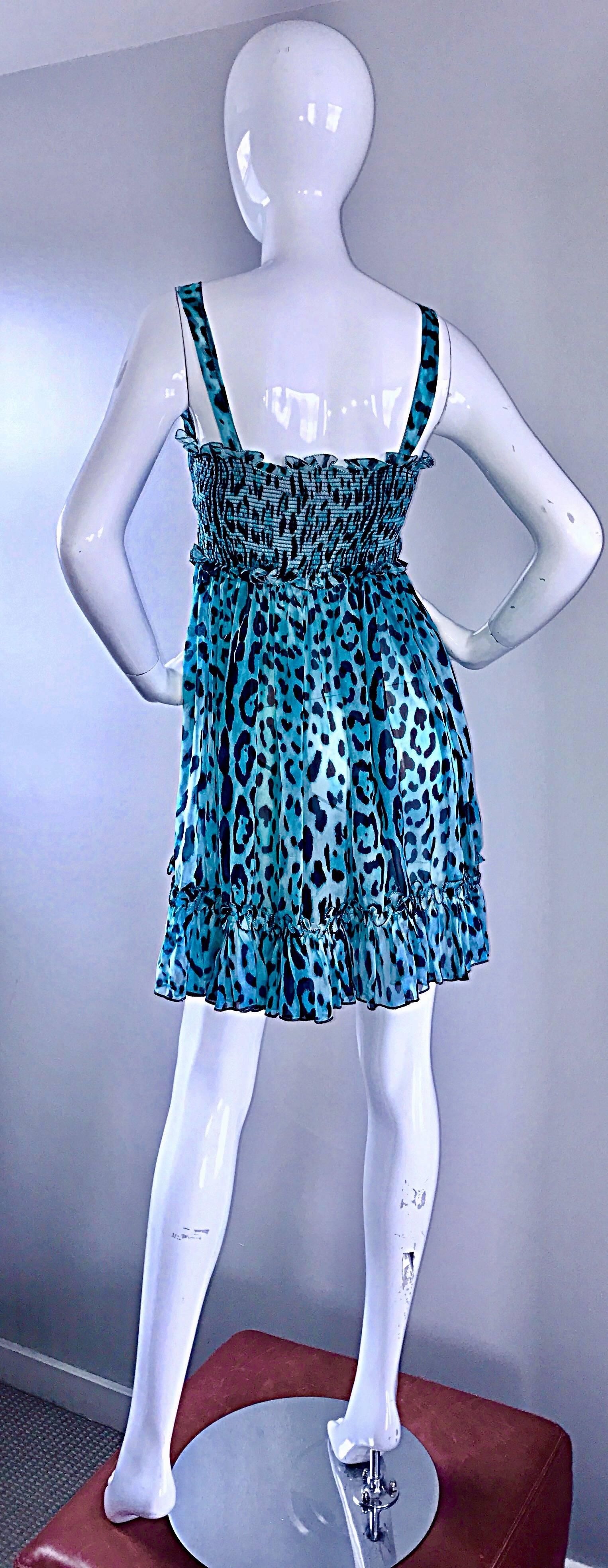 New Giambattista Valli Blue Leopard Print Silk Chiffon Semi Sheer Babydoll Dress In New Condition For Sale In San Diego, CA