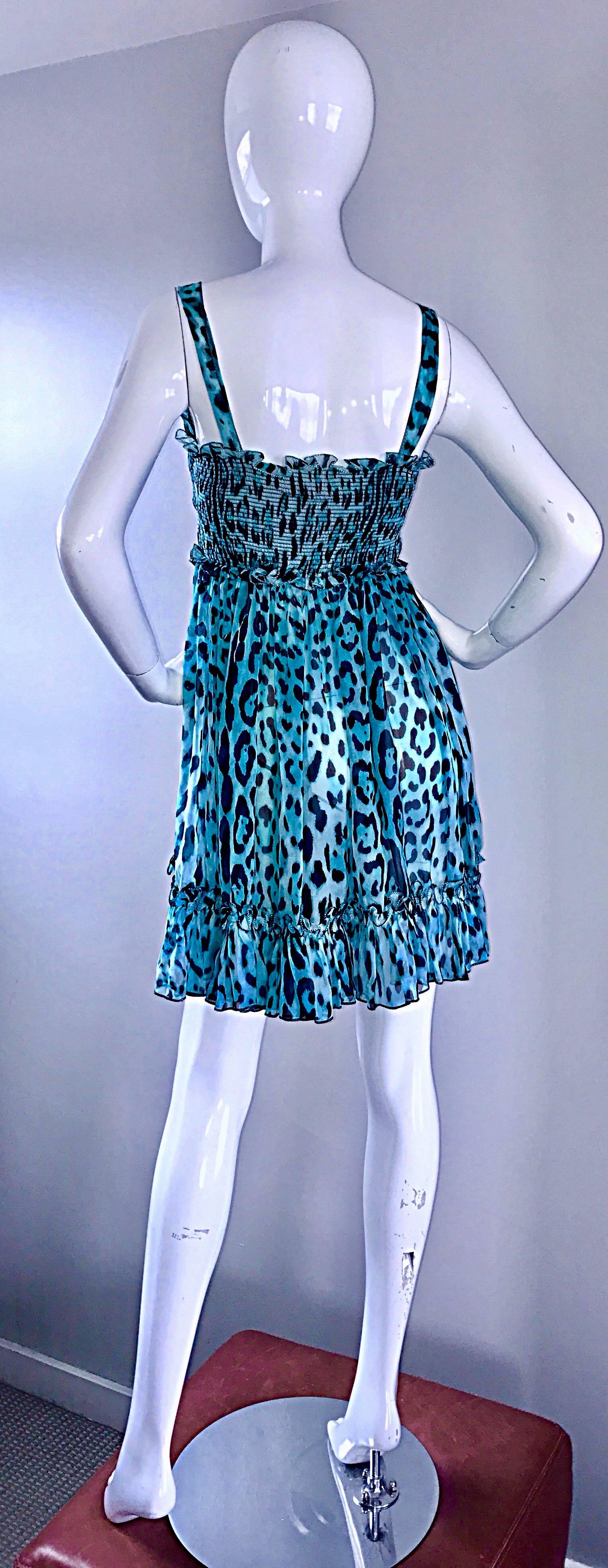 Nuovo Giambattista Valli Blue Leopard Print Silk Chiffon Semi Sheer Babydoll Dress in vendita 1