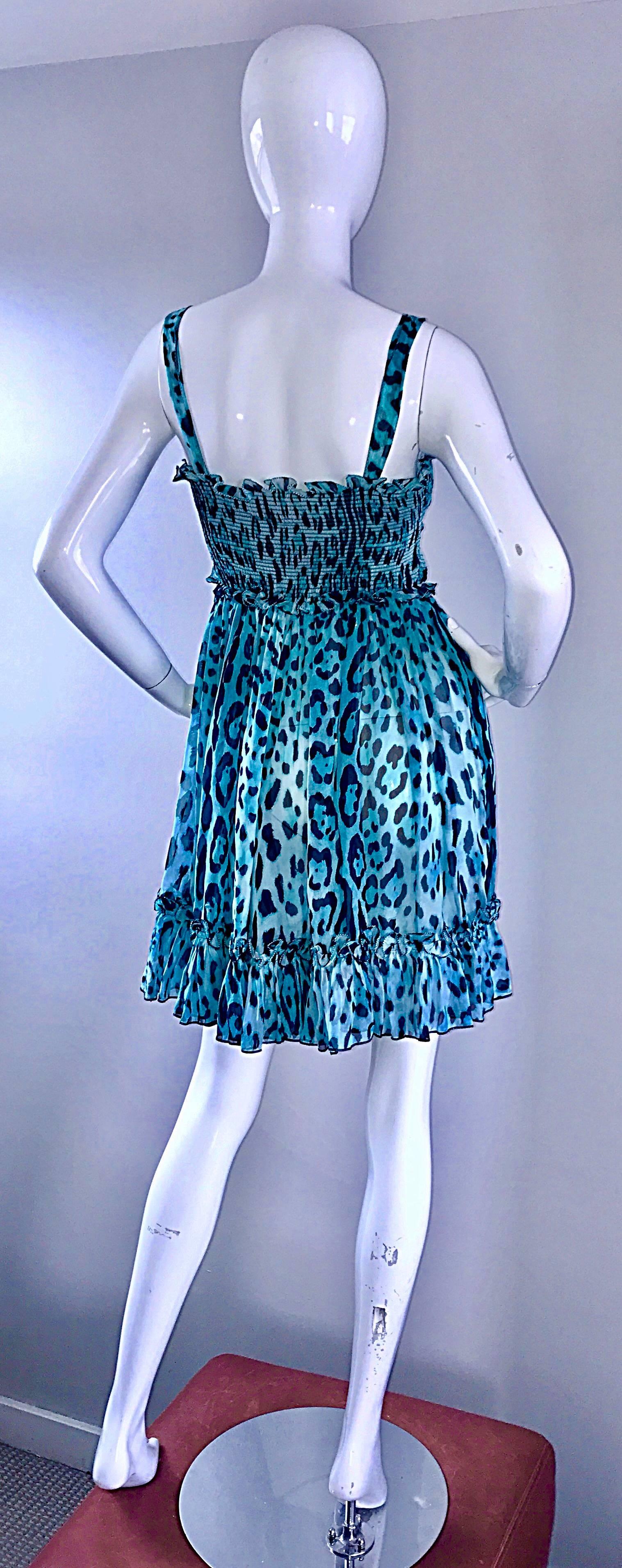 New Giambattista Valli Blue Leopard Print Silk Chiffon Semi Sheer Babydoll Dress For Sale 1