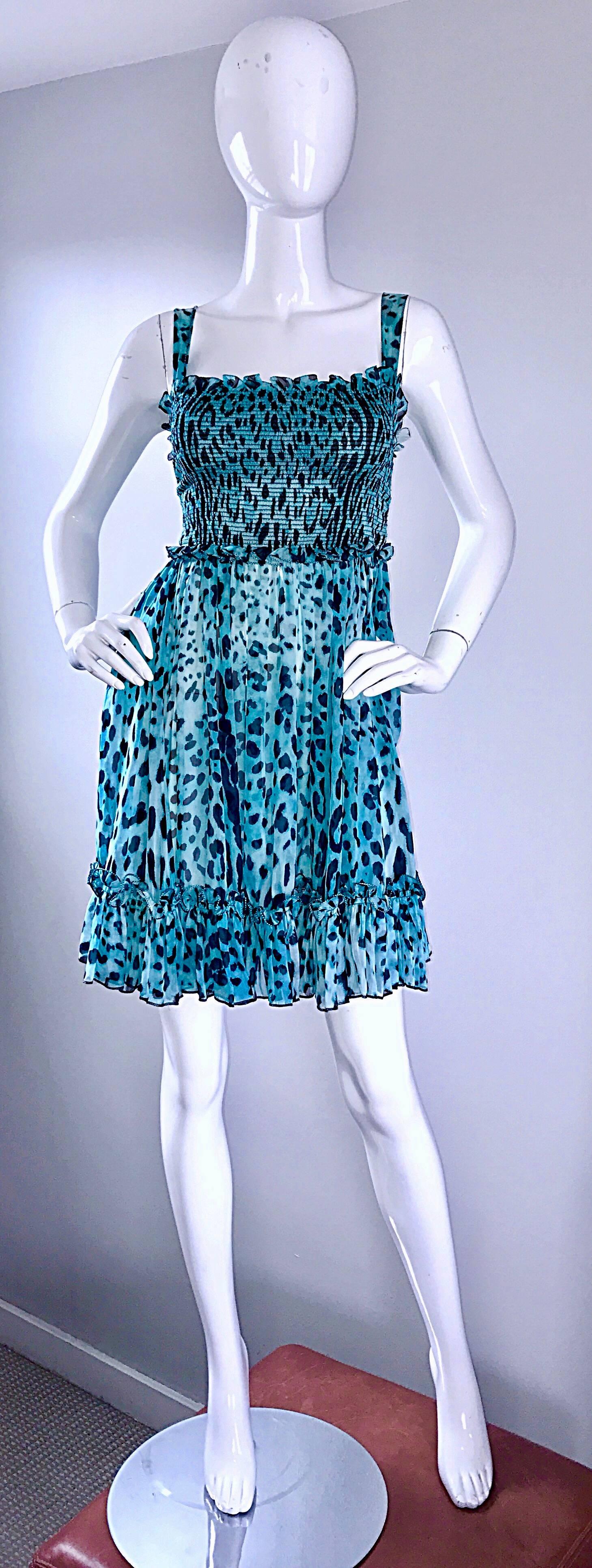 Donna Nuovo Giambattista Valli Blue Leopard Print Silk Chiffon Semi Sheer Babydoll Dress in vendita