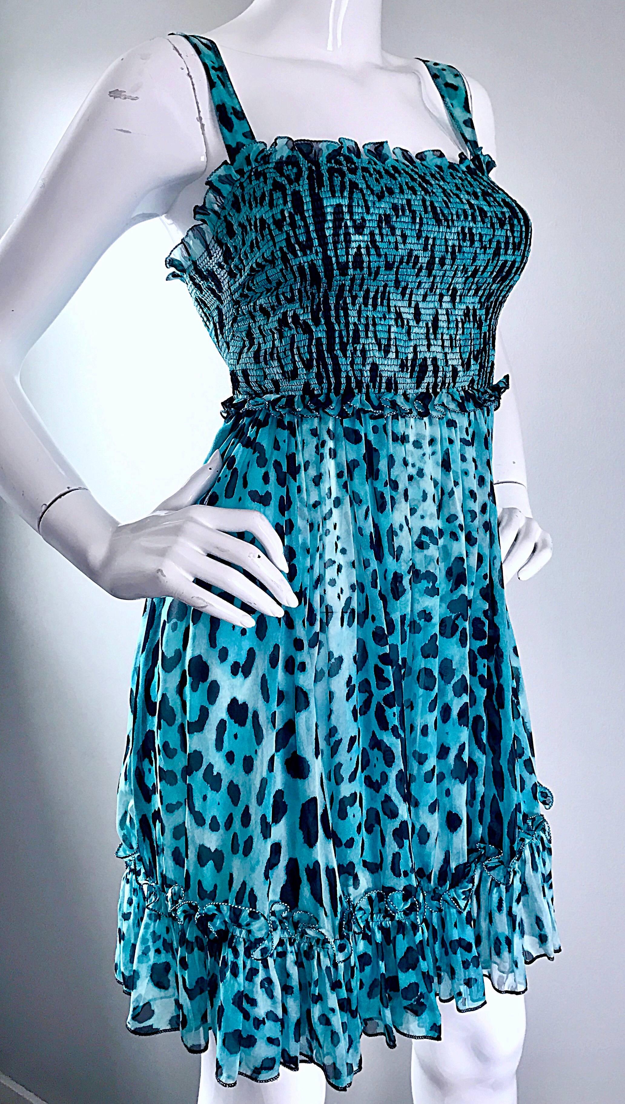 New Giambattista Valli Blue Leopard Print Silk Chiffon Semi Sheer Babydoll Dress For Sale 2