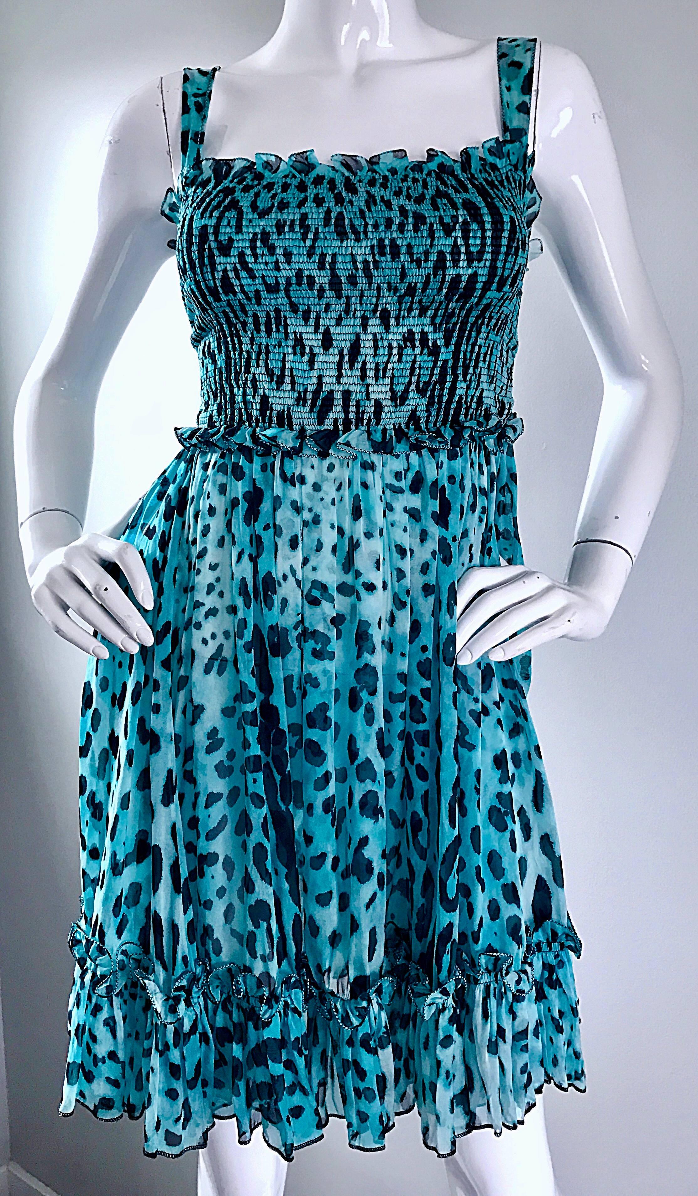 New Giambattista Valli Blue Leopard Print Silk Chiffon Semi Sheer Babydoll Dress For Sale 3