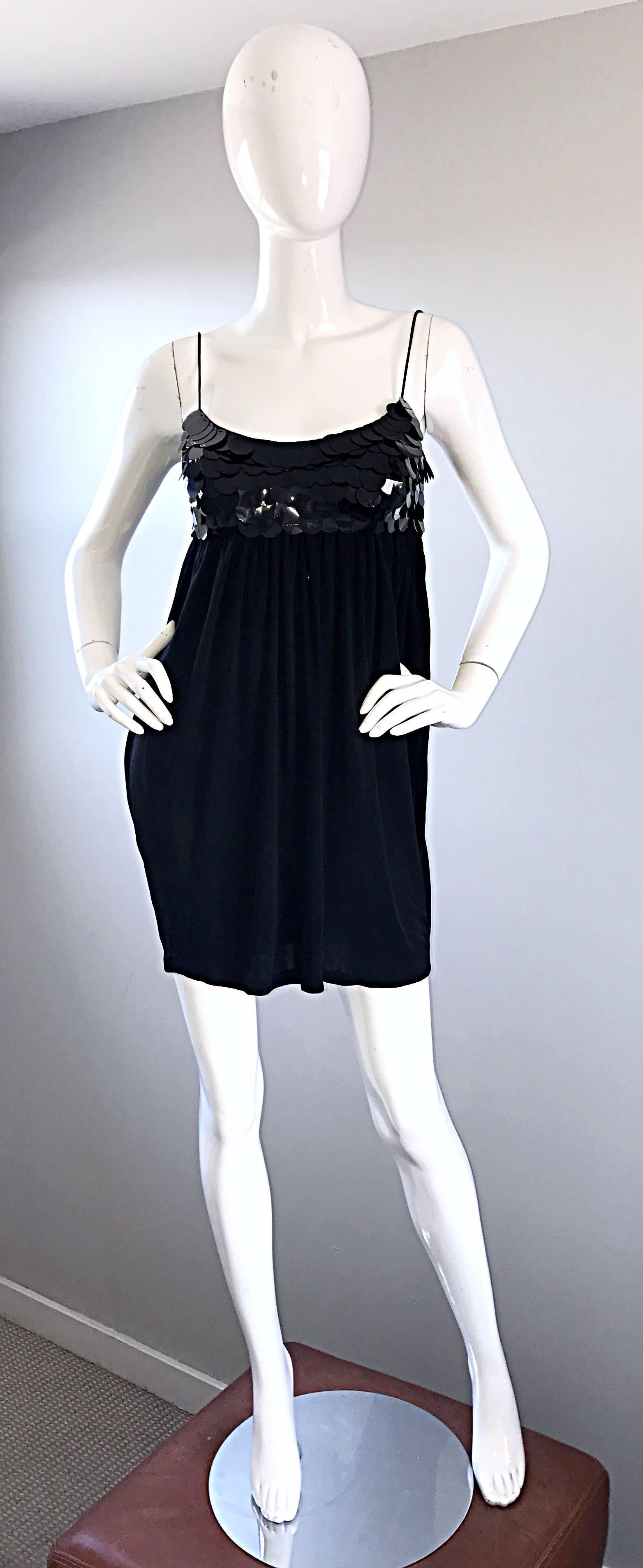 Vintage CD Greene Black Silk Jersey Paillettes Sequin Size 4 90s Babydoll Dress For Sale 1