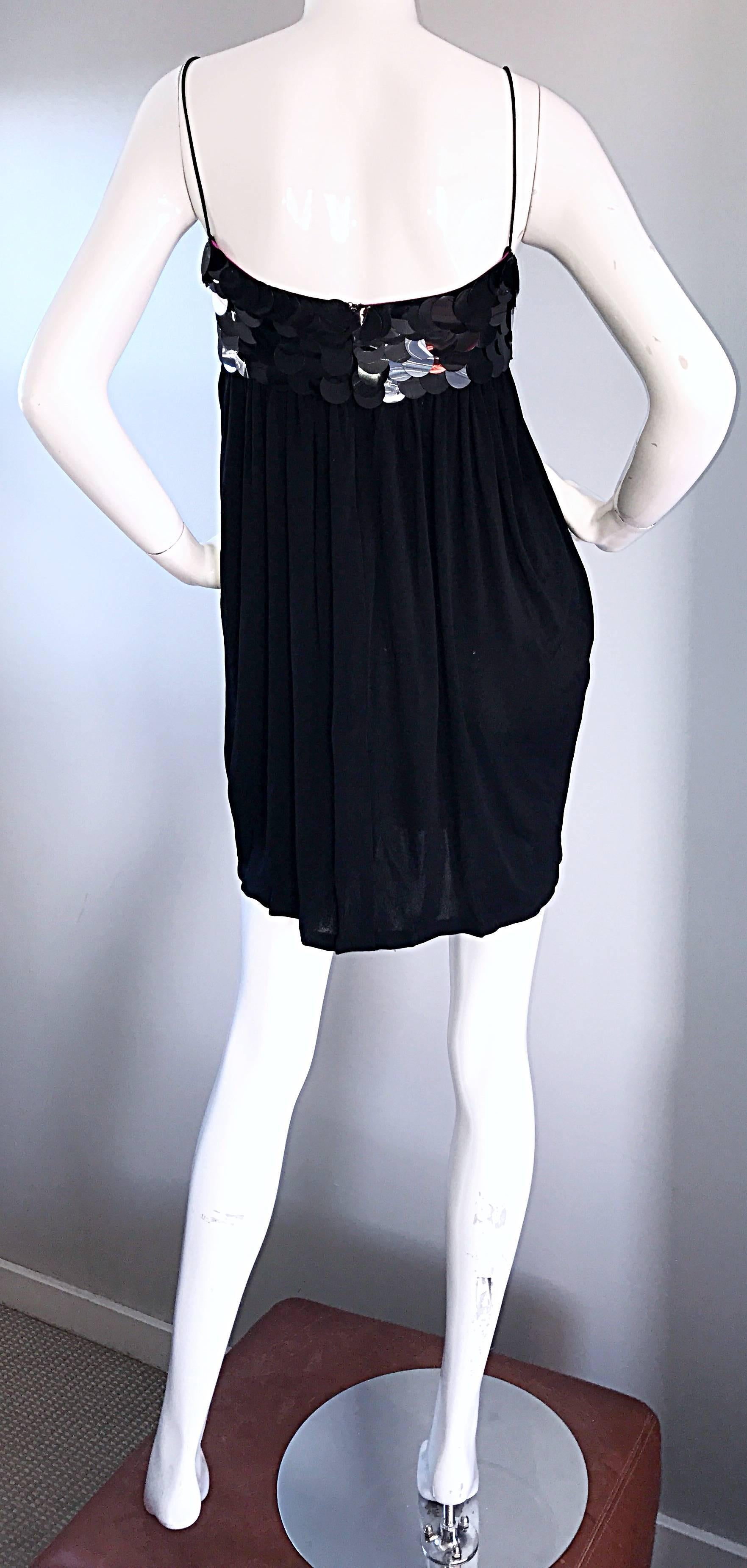 Vintage CD Greene Black Silk Jersey Paillettes Sequin Size 4 90s Babydoll Dress In Excellent Condition For Sale In San Diego, CA