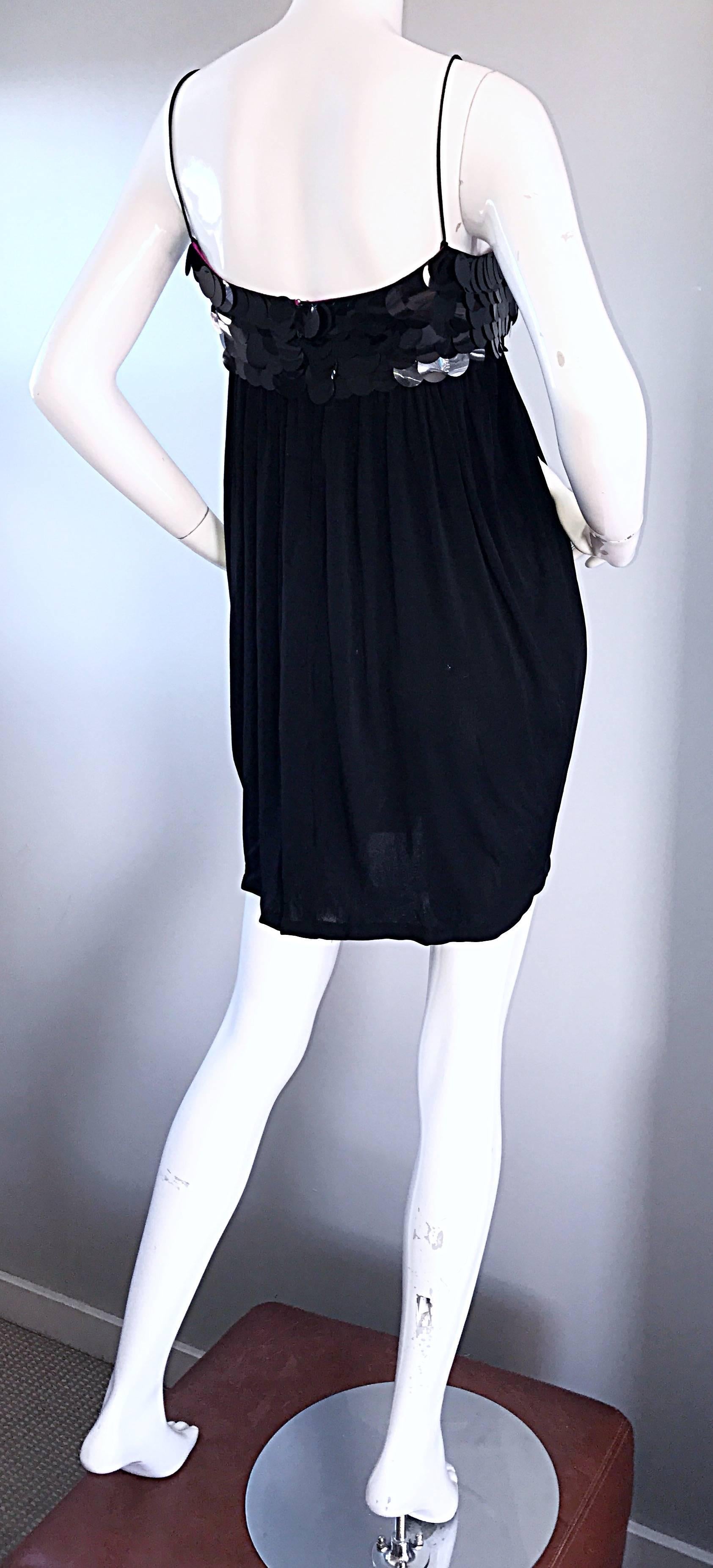 Women's Vintage CD Greene Black Silk Jersey Paillettes Sequin Size 4 90s Babydoll Dress For Sale