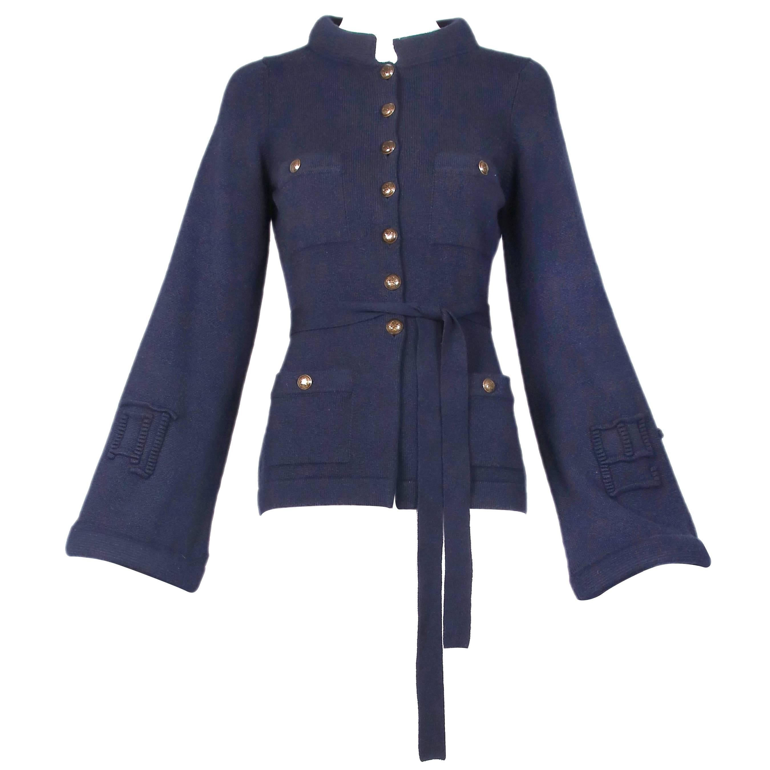 Chanel Navy Cashmere Cardigan With Bell Sleeves Waist Tie and Metal Buttons 2010