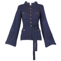 2010 Chanel Navy Cashmere Cardigan W/Bell Sleeves, Waist Tie & Metal Buttons 1