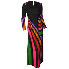 Tori Richard Maxi Dress Black with Mod Colorful Stripes + Matching Belt Sz 8 70s 5