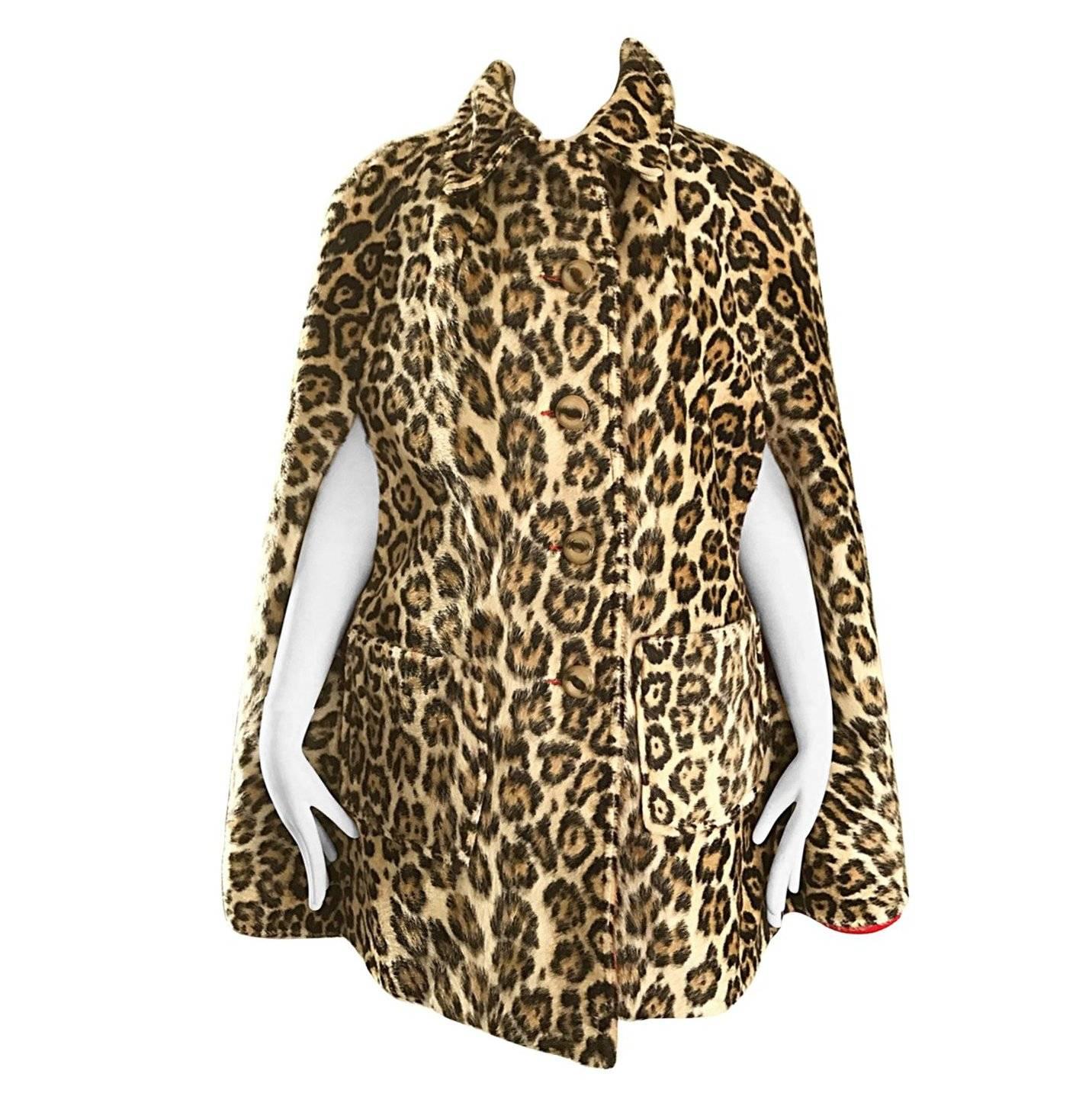 Chic 1960s Reversible Leopard + Red Faux Fur Vintage 60s Cape Swing Jacket 
