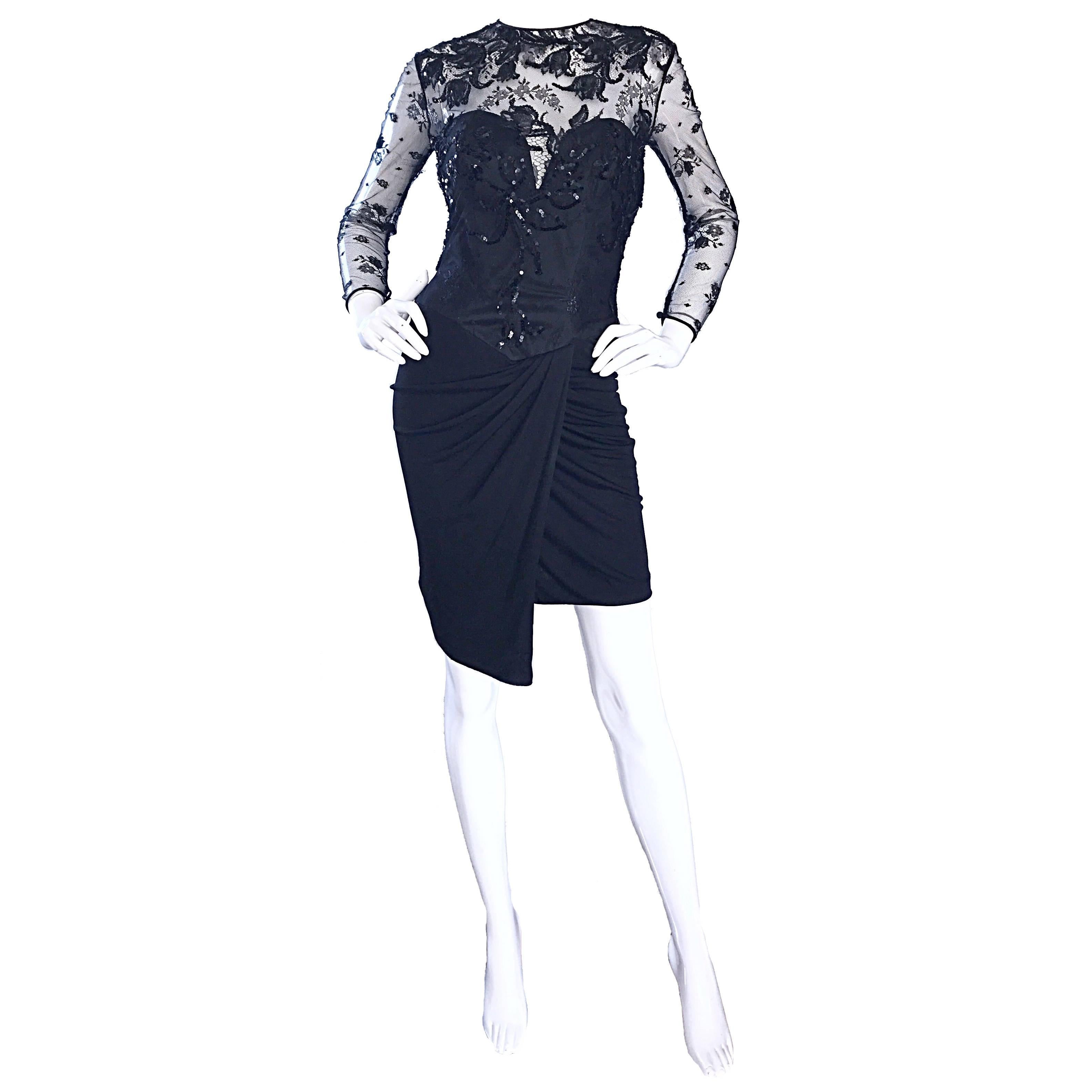 Vicky Tiel Couture Vintage Black Jersey + Lace + Sequins Sexy Asymmetrical Dress For Sale
