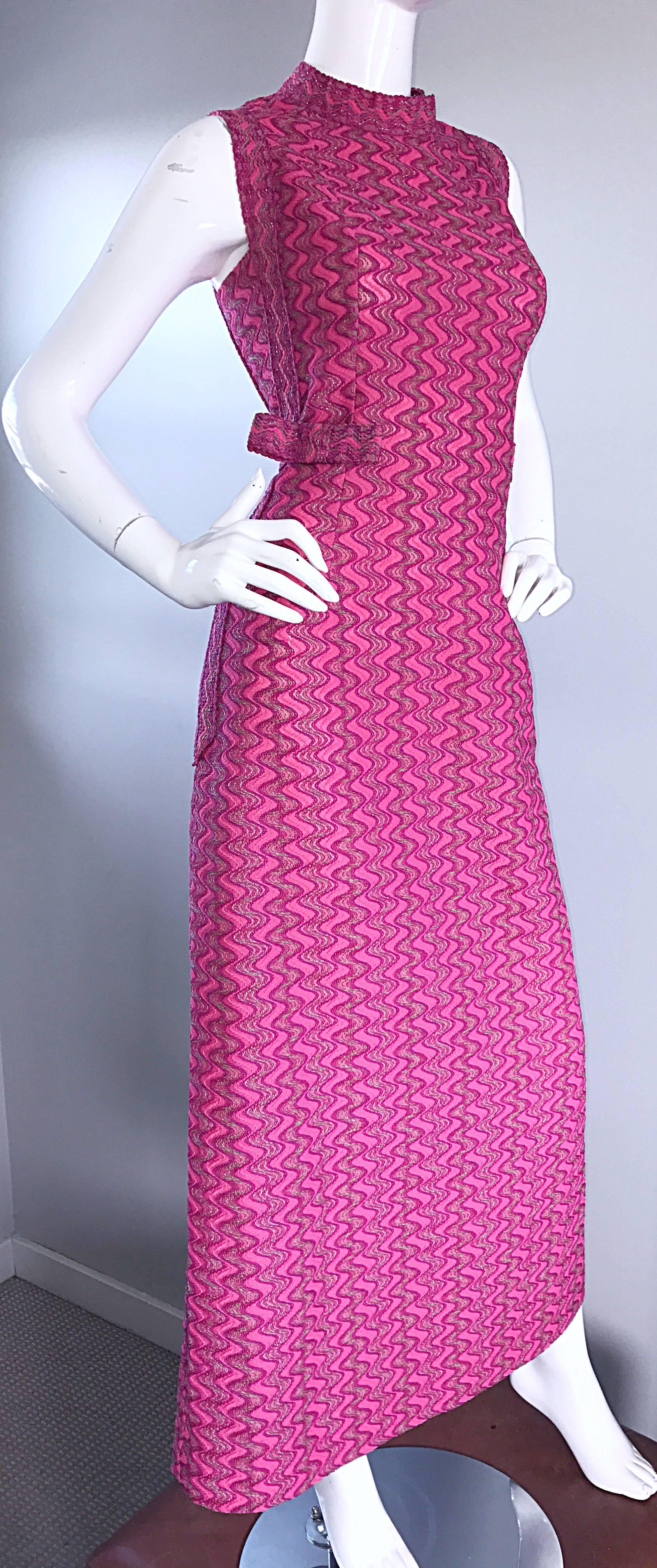 1960s Hanro Siesta Fuchsia Hot Pink Zig Zag Vintage 60s Kint Maxi Dress w/ Bow 2