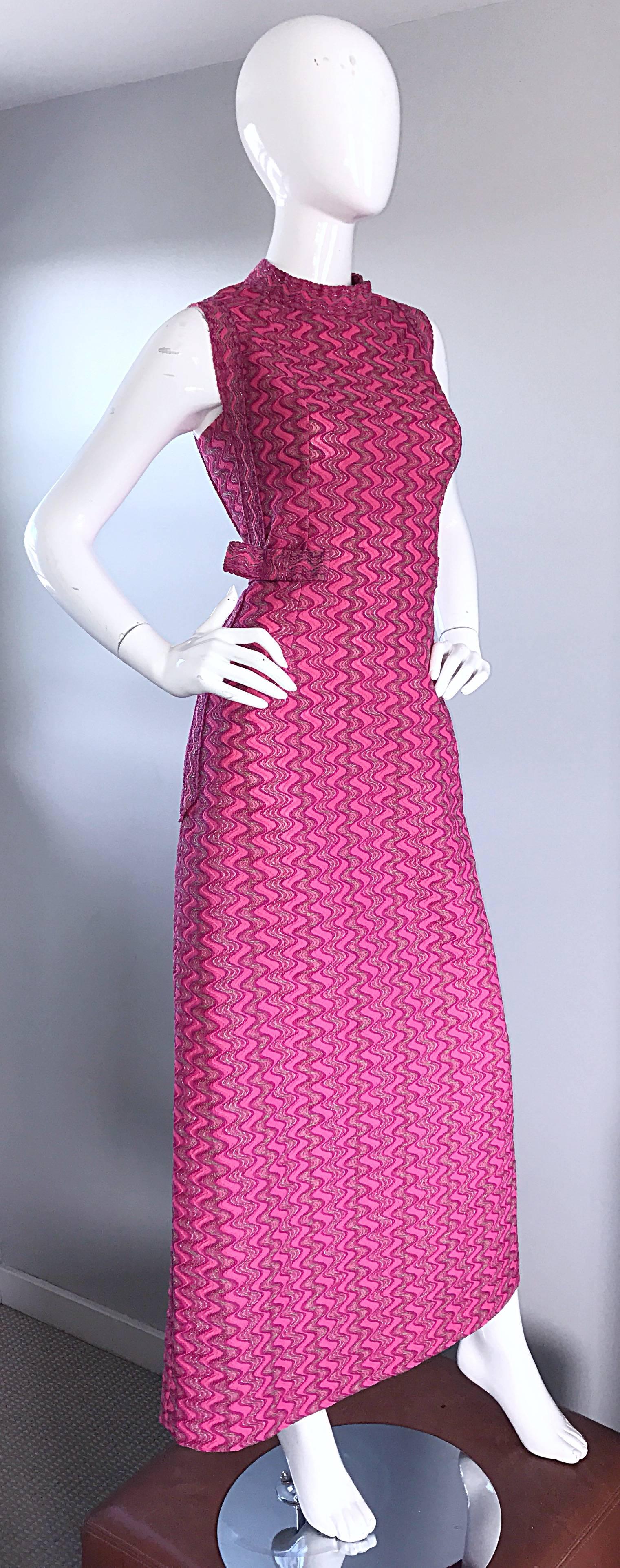 1960s Hanro Siesta Fuchsia Hot Pink Zig Zag Vintage 60s Kint Maxi Dress w/ Bow 3