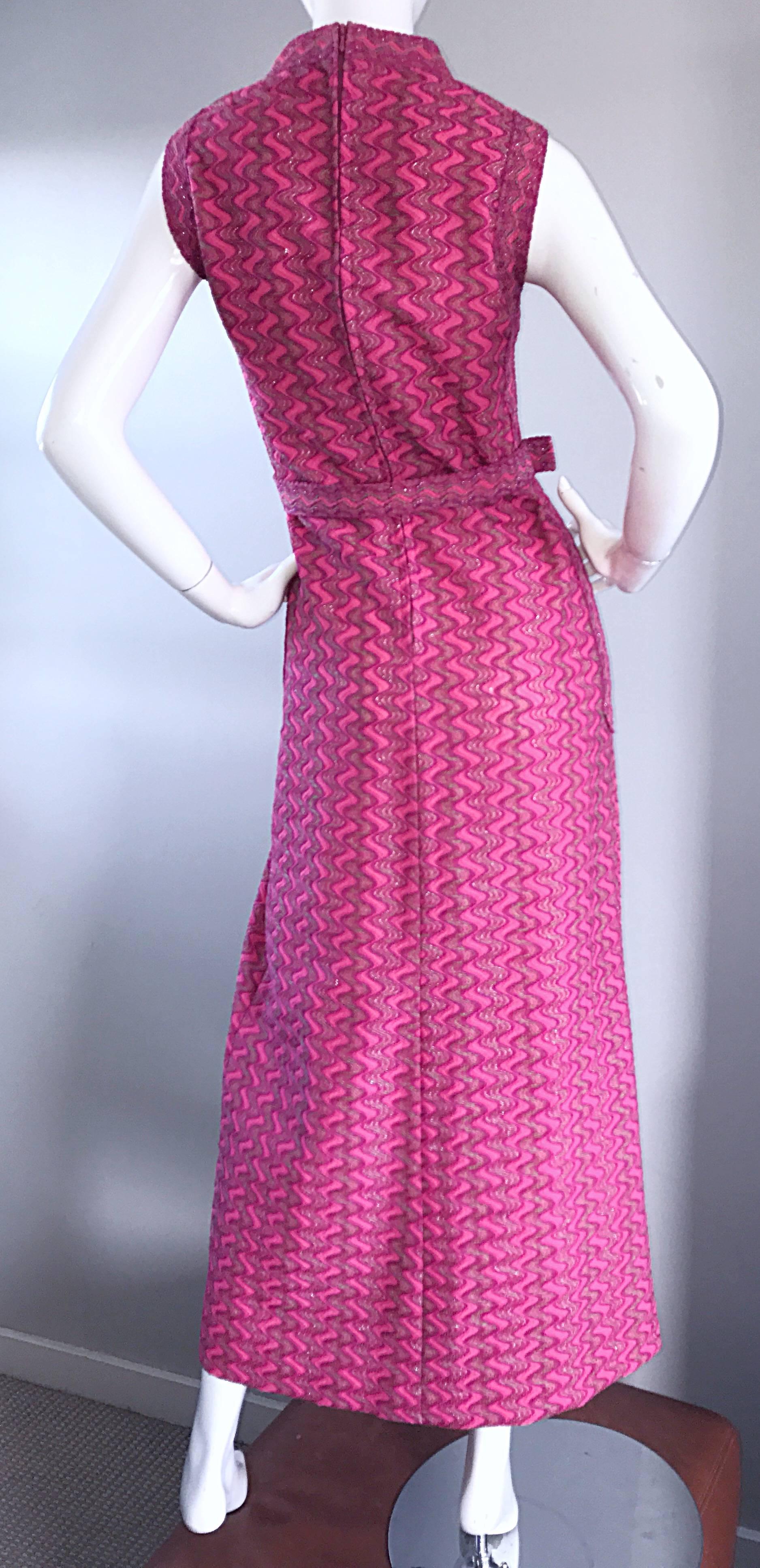 1960s Hanro Siesta Fuchsia Hot Pink Zig Zag Vintage 60s Kint Maxi Dress w/ Bow 4