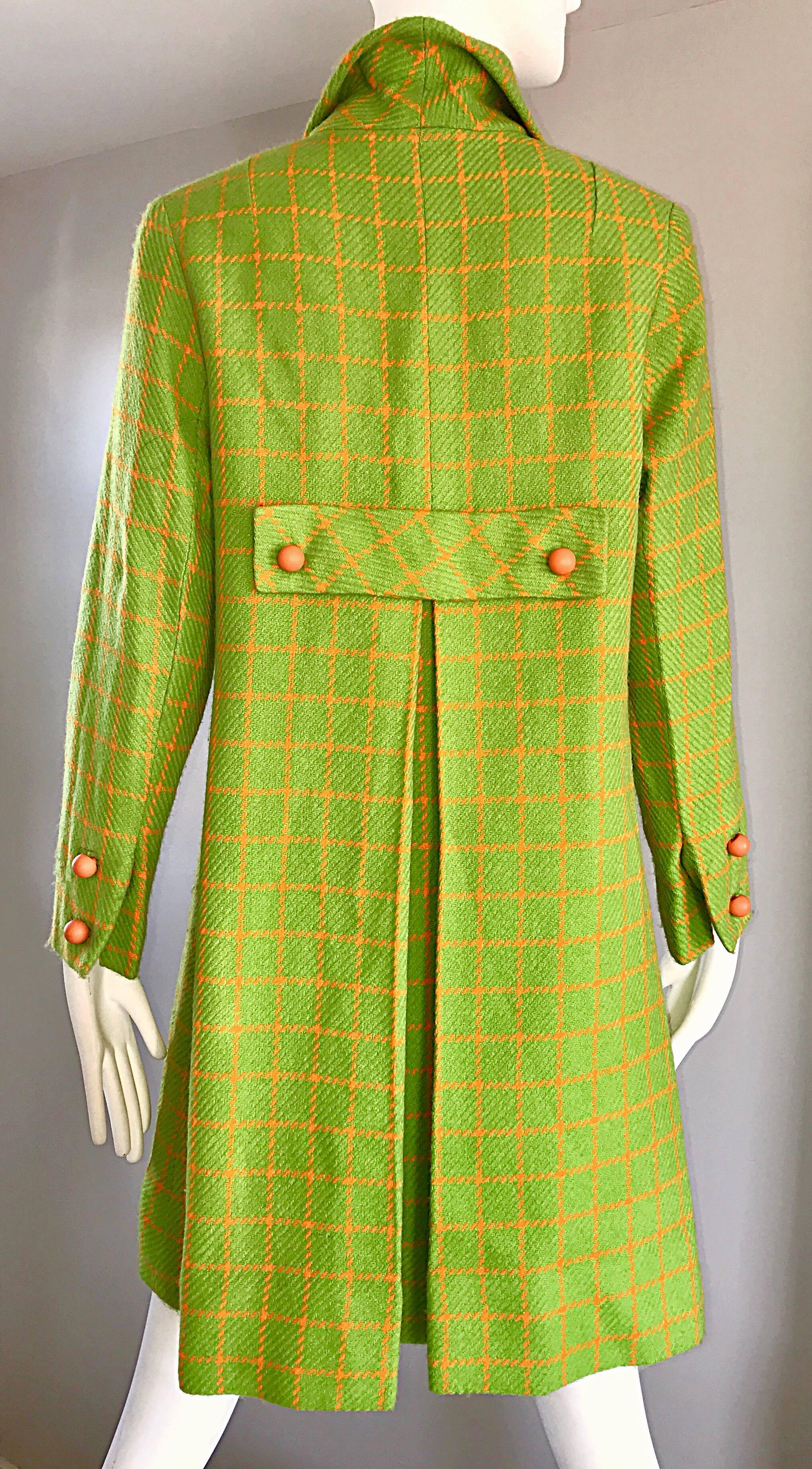 Women's 1960s Neon Lime Green and Orange Checkered Vintage 60s Wool Swing Jacket Coat