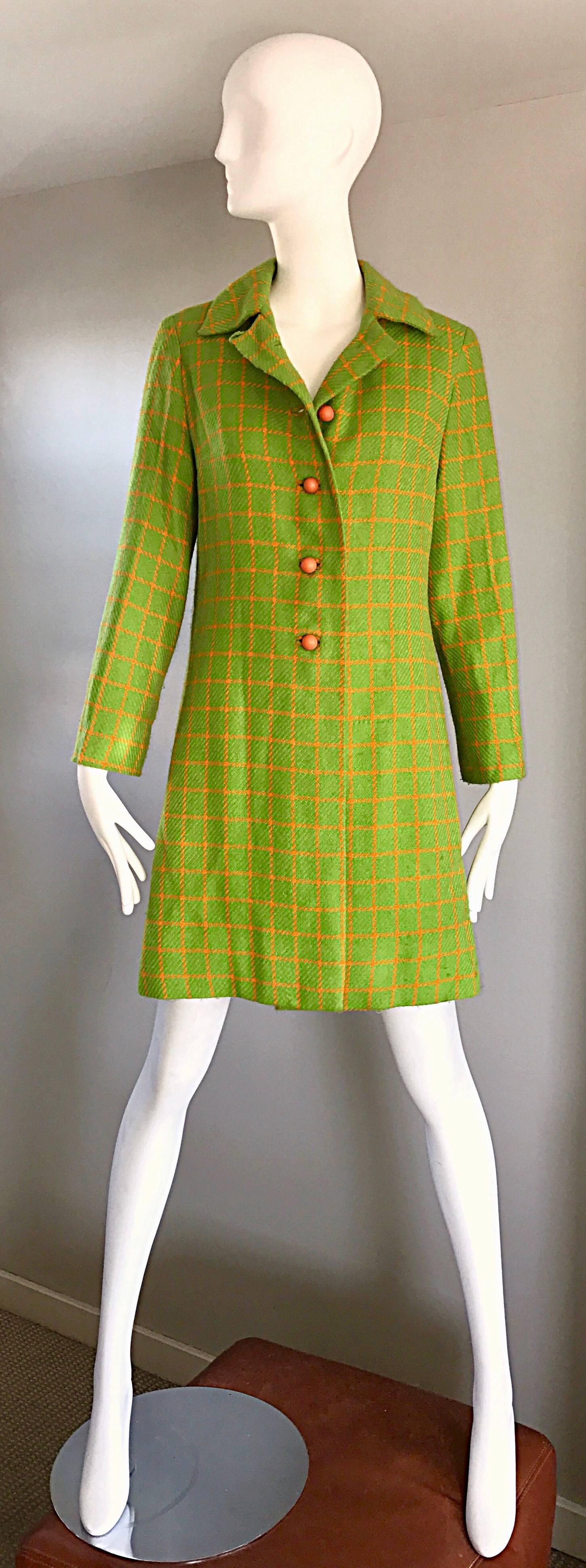 1960s Neon Lime Green and Orange Checkered Vintage 60s Wool Swing Jacket Coat 1