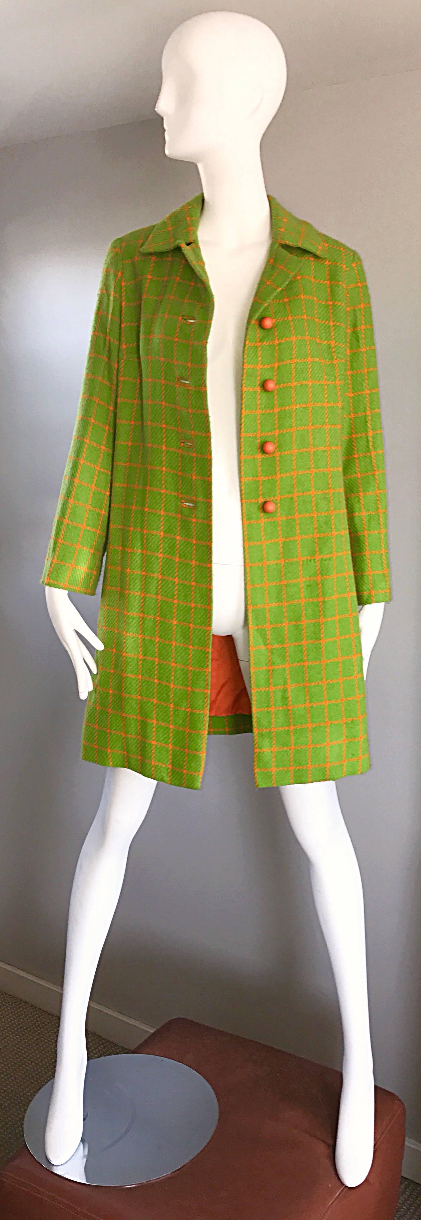 1960s Neon Lime Green and Orange Checkered Vintage 60s Wool Swing Jacket Coat 2