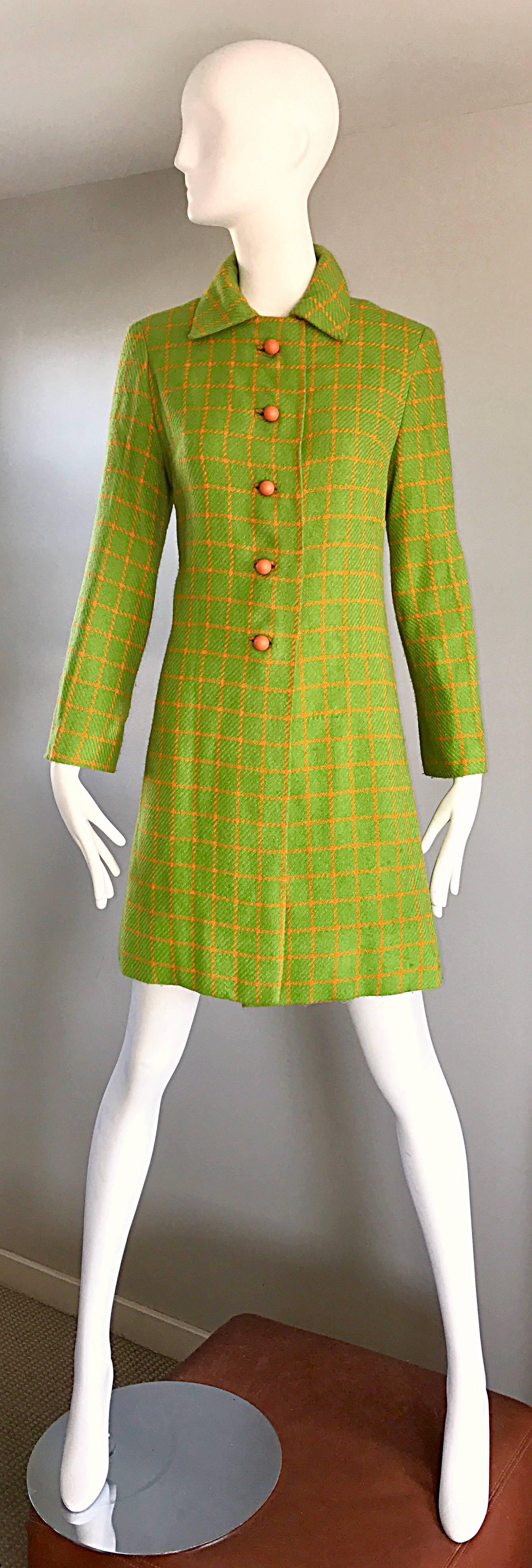 1960s Neon Lime Green and Orange Checkered Vintage 60s Wool Swing Jacket Coat 3