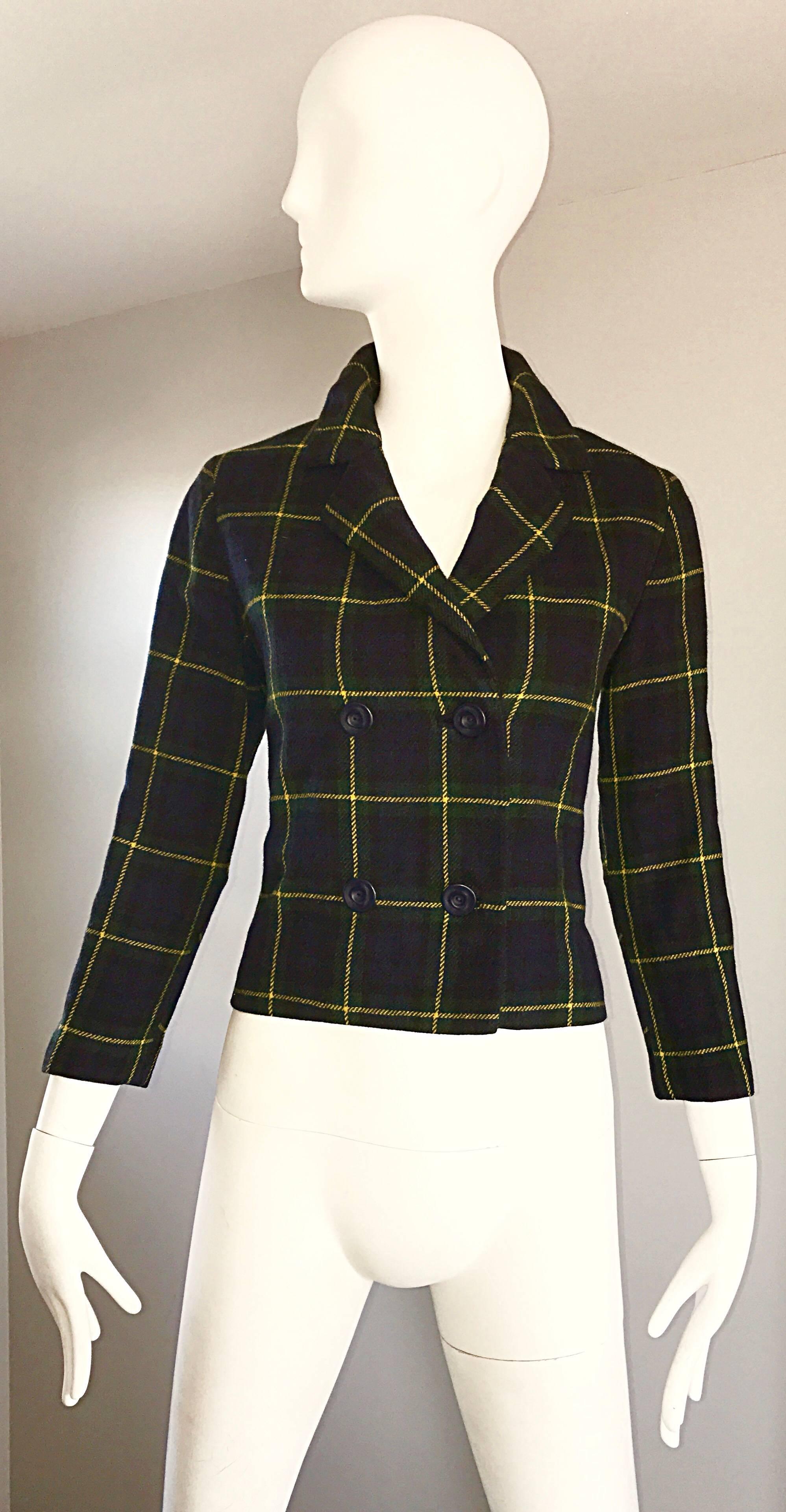 Chic 1960s Vintage Navy Blue, Green, Yellow Tartan Plaid Double ...