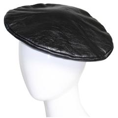 Retro Yves Saint Laurent Black Leather Beret Hat