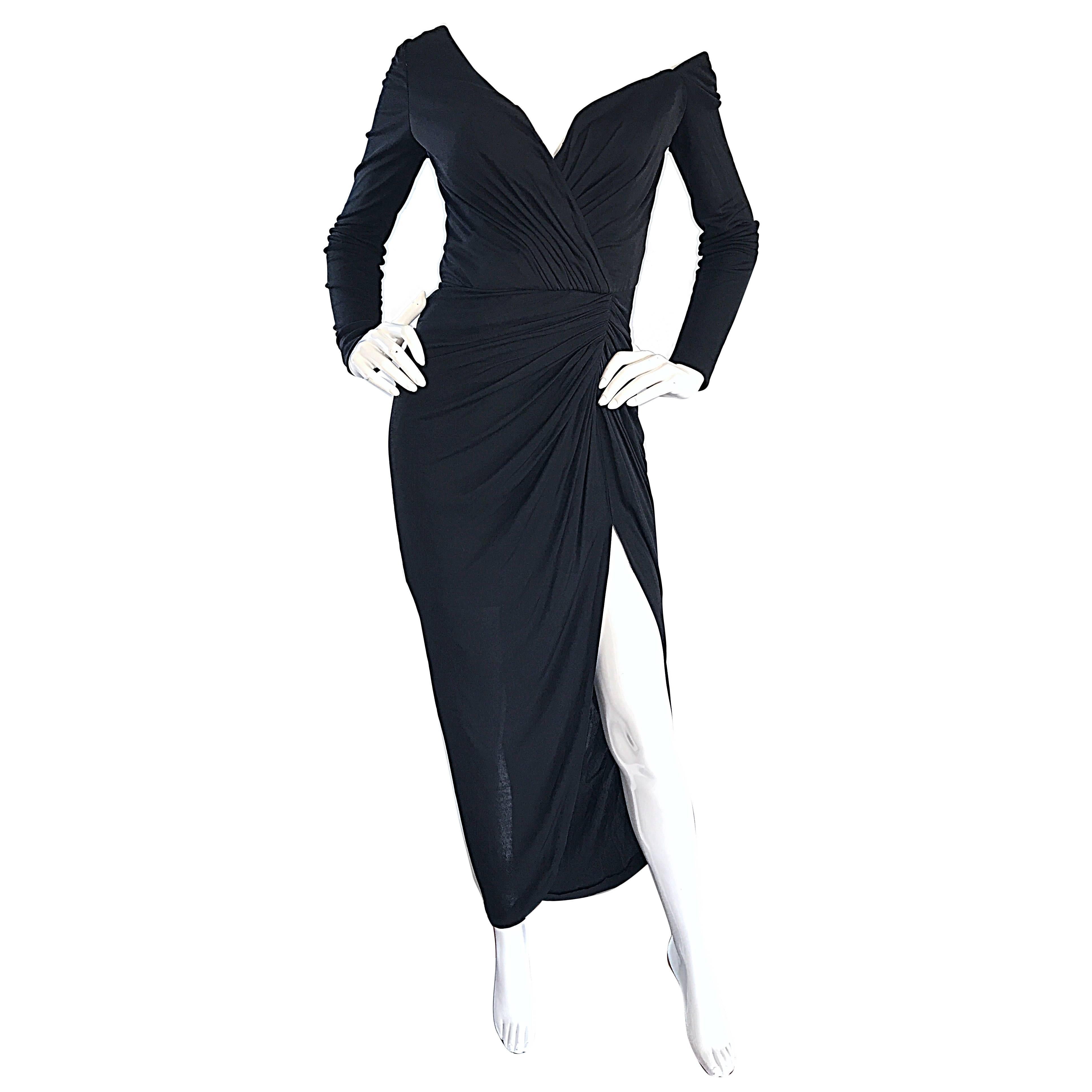 Amazing Vintage VIcky Tiel Couture 80s Sexy 1980s Black Jersey Assymetrical Gown